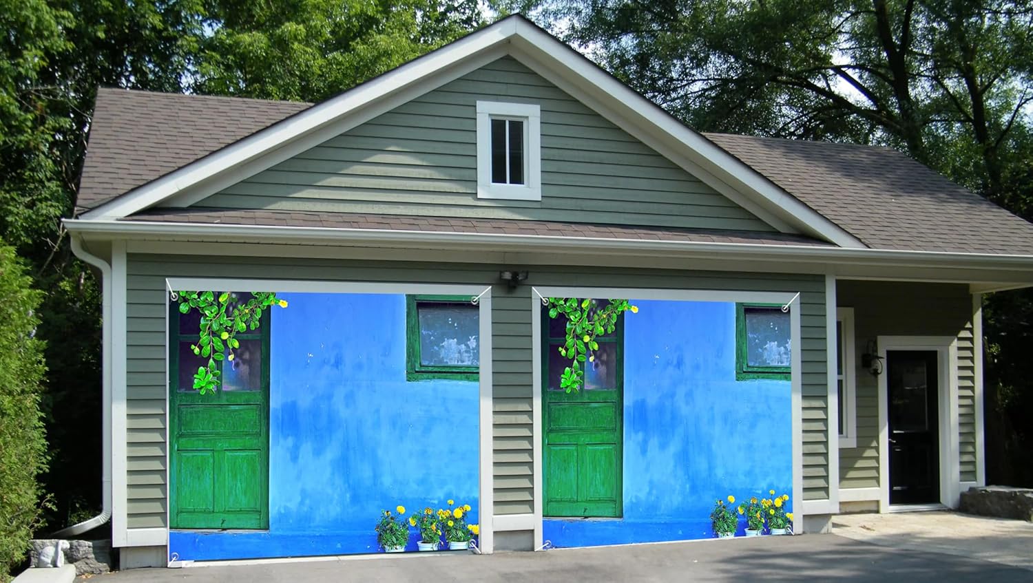 7x8ft Vibrant Blue Wall Garage Door Decor Lush Greenery Bright Yellow Flowers Colorful Garage Door Cover for Outdoor Gatherings Cheerful Aesthetic Inspired Festive Decor