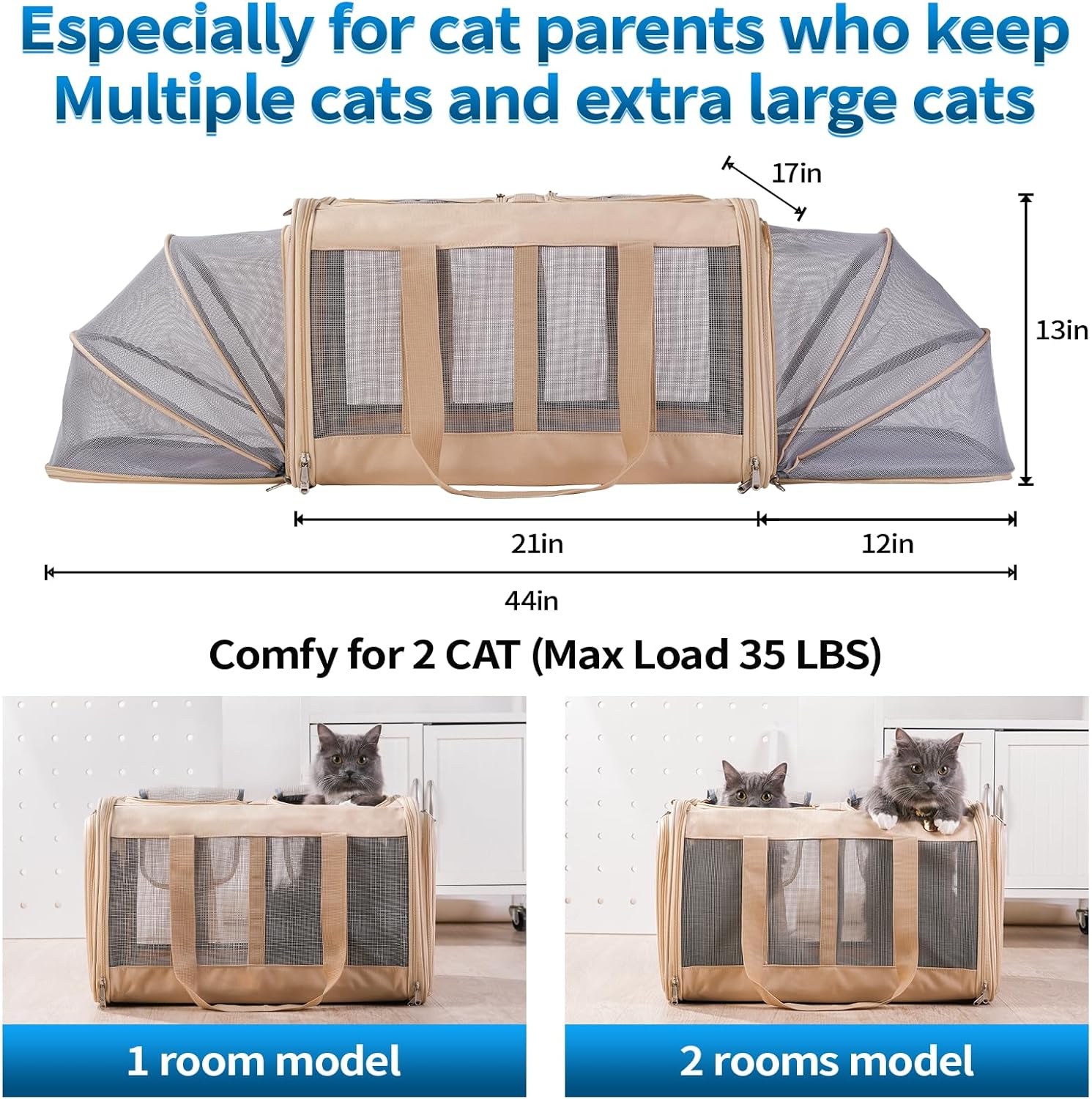 Pawlen Double Cat Carrier for 2 Cats with Removable Soft Pad(43.3 x 17 x13Inches), Collapsible&Expandable Pet Carrier for Large Cats and Small Dogs 35 LBS,Breathable Mesh Top,Safety Harness (Beige, L) 3