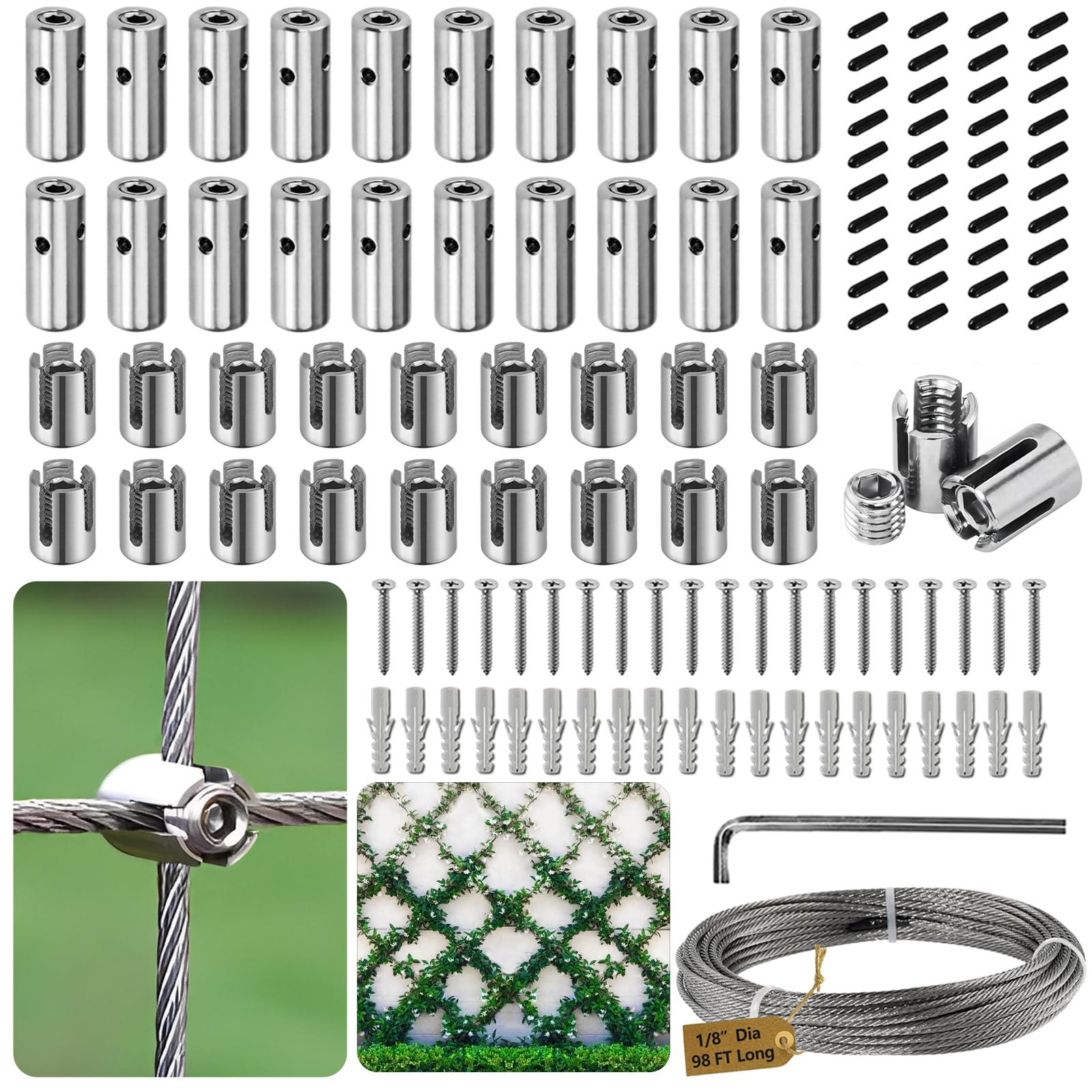 20Pcs Invisible Cross Cable Clamp +20Pcs Heavy Duty Cylindrical Standoffs + 98ft Stainless Steel Wire Ropes | Acemaker Wire Trellis for Climbing Plants Outdoor