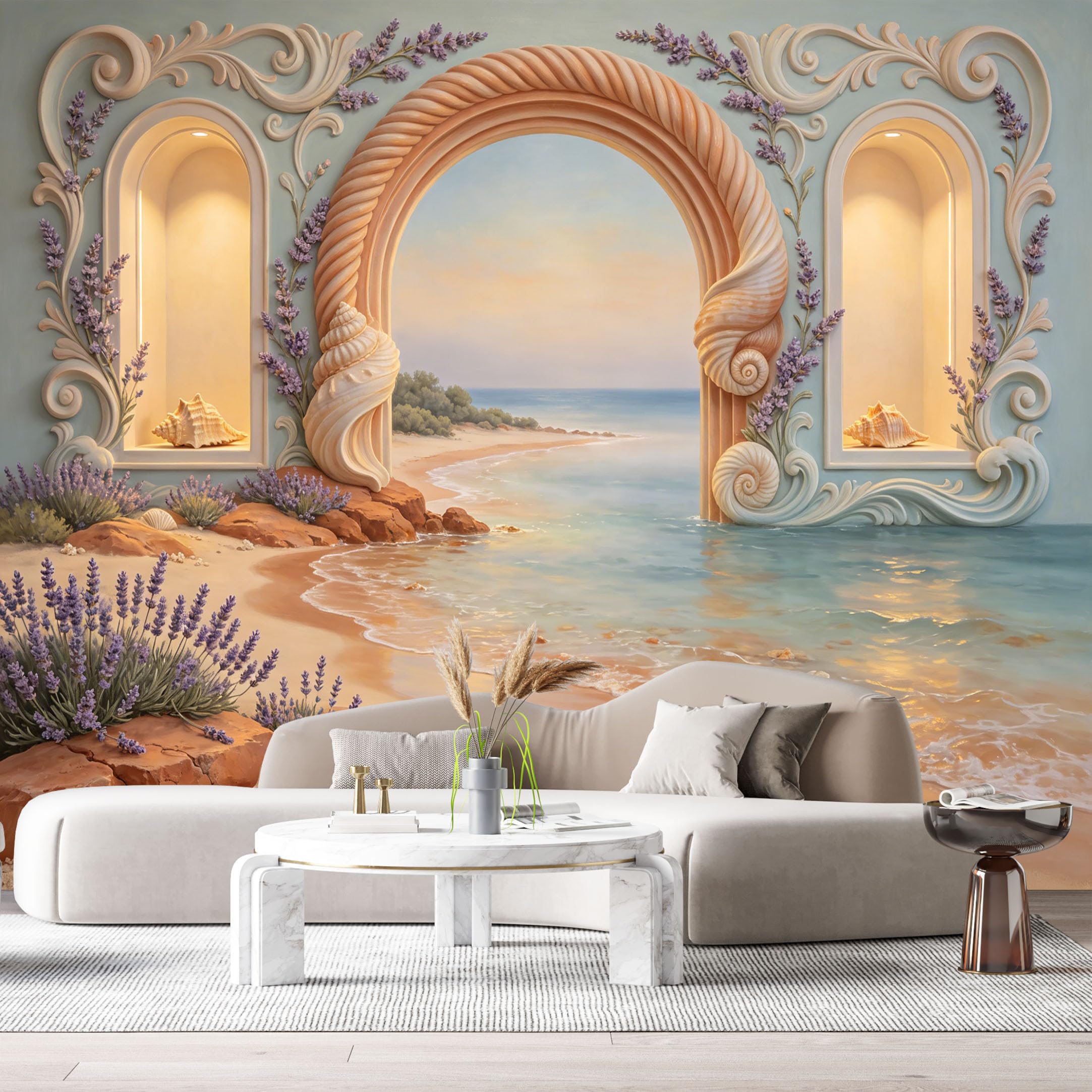 Custom Size Wall Murals Coastal Ocean Marine Shell Arch 3D Trompe L'Oeil SelfAdhesiveWall Fabric Removable Wallpaper Wall Decor for Living Room Bedroom Bathroom