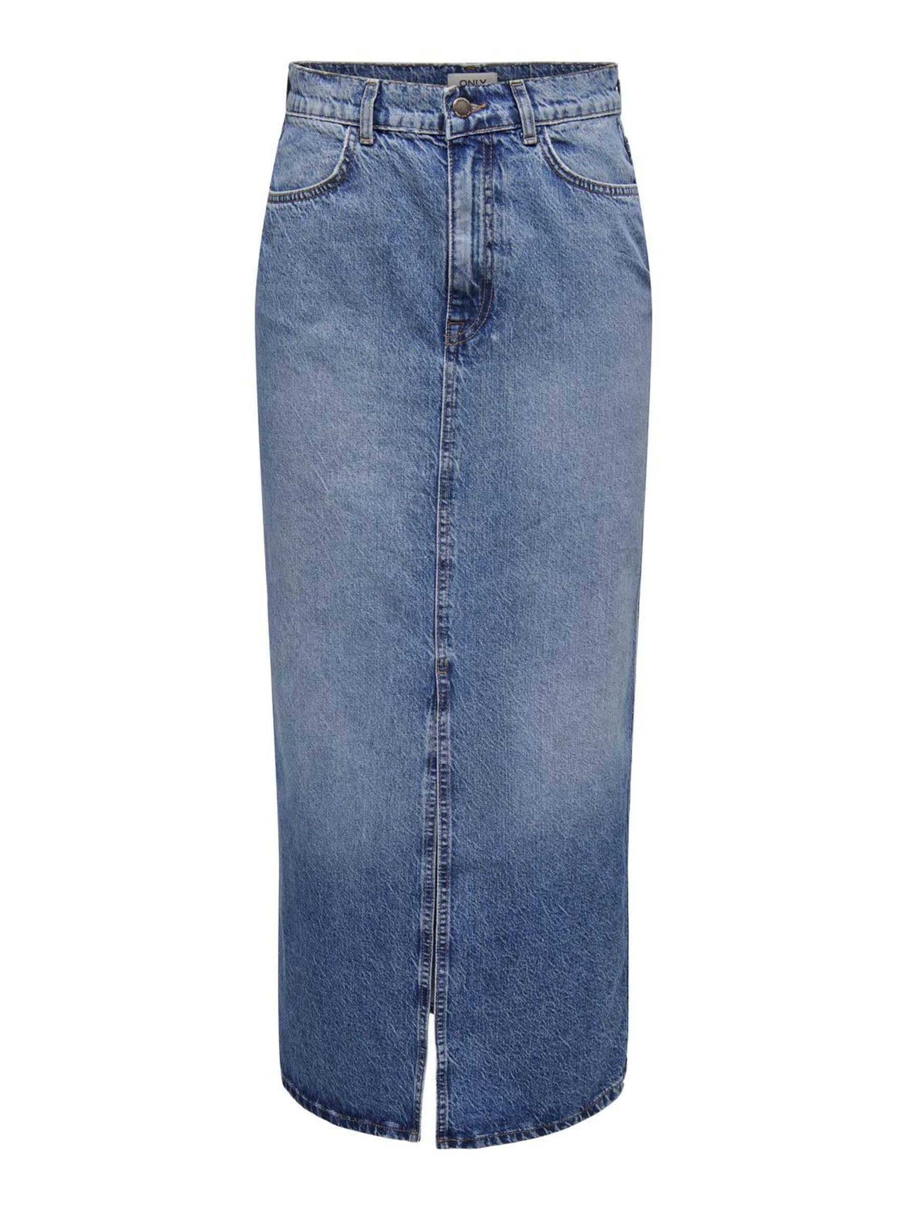 ONLY Falda Vaquera Maxi para Mujer con Abertura en la Parte Delantera Stone Denim Wash Falda con Cintura Media y Bolsillos Delanteros.
