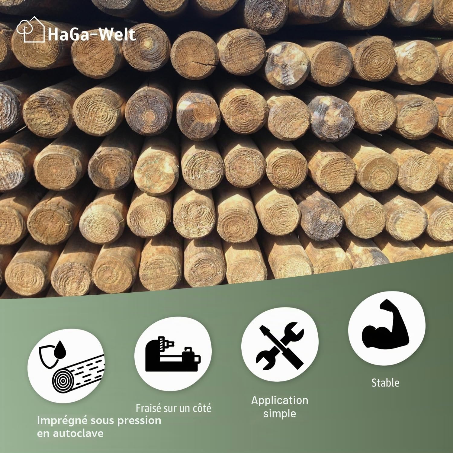 HaGa® Lot de 10 piquets en bois de pin - Diamètre : 6 cm - Hauteur : 175 cm - Résistant aux intempéries