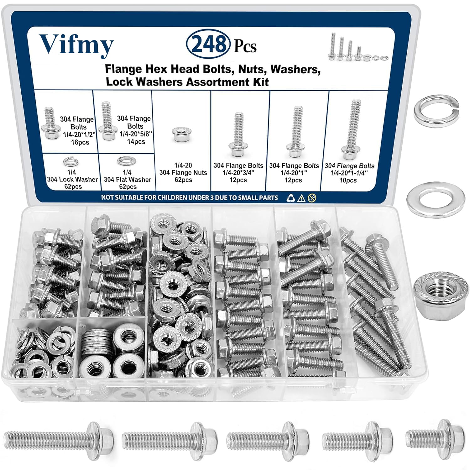 Vifmy 1/4-20 Bolt x (Length 3/4", 1", 1-1/4") 304 Stainless Steel Flange Head Bolts Assortment Kit (248 Pack) with 1/4 20 Bolt, Serrated Flange Nuts,