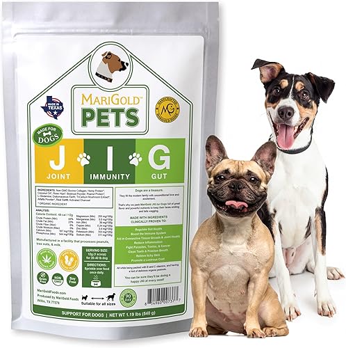 MariGold JIG para perros Polvo de apoyo para articulaciones inmunidad y intestinal sin OMG cacahuetes orgánicos cáñamo orgánico sin granos ni soja