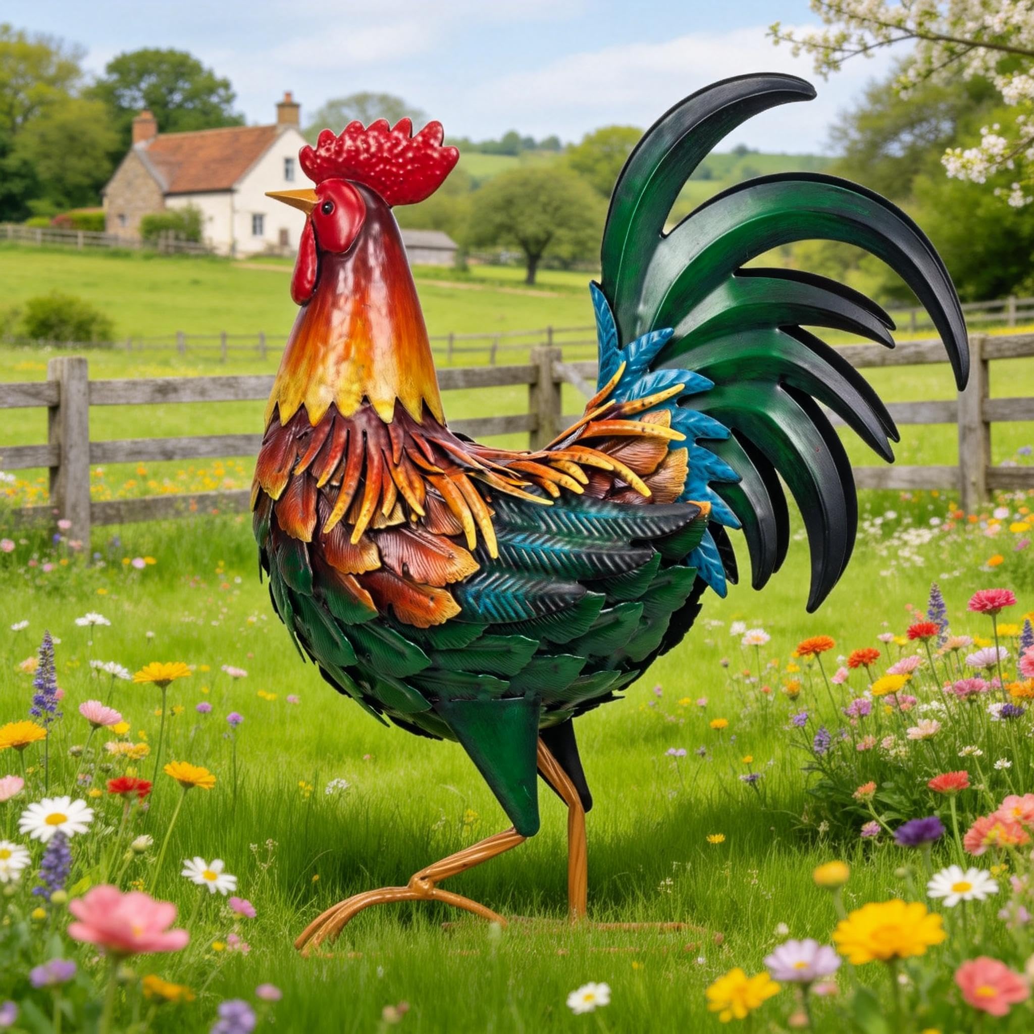 chisheen Metal Rooster Decor Garden Statue,Chicken Yard Art Decoration Outdoor Sculpture for Backyard Patio Kitchen Lawn Ornaments