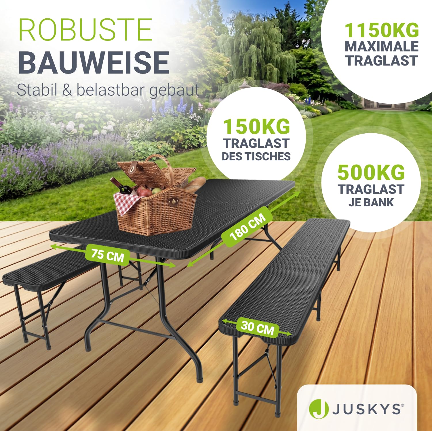 Juskys Bierzeltgarnitur Amberg 3-teilig & klappbar - 180 x 74 x 74-2 Bierbänke & Biertisch in Rattan-Optik Gartenmöbel-Set Festzeltgarnitur Camping