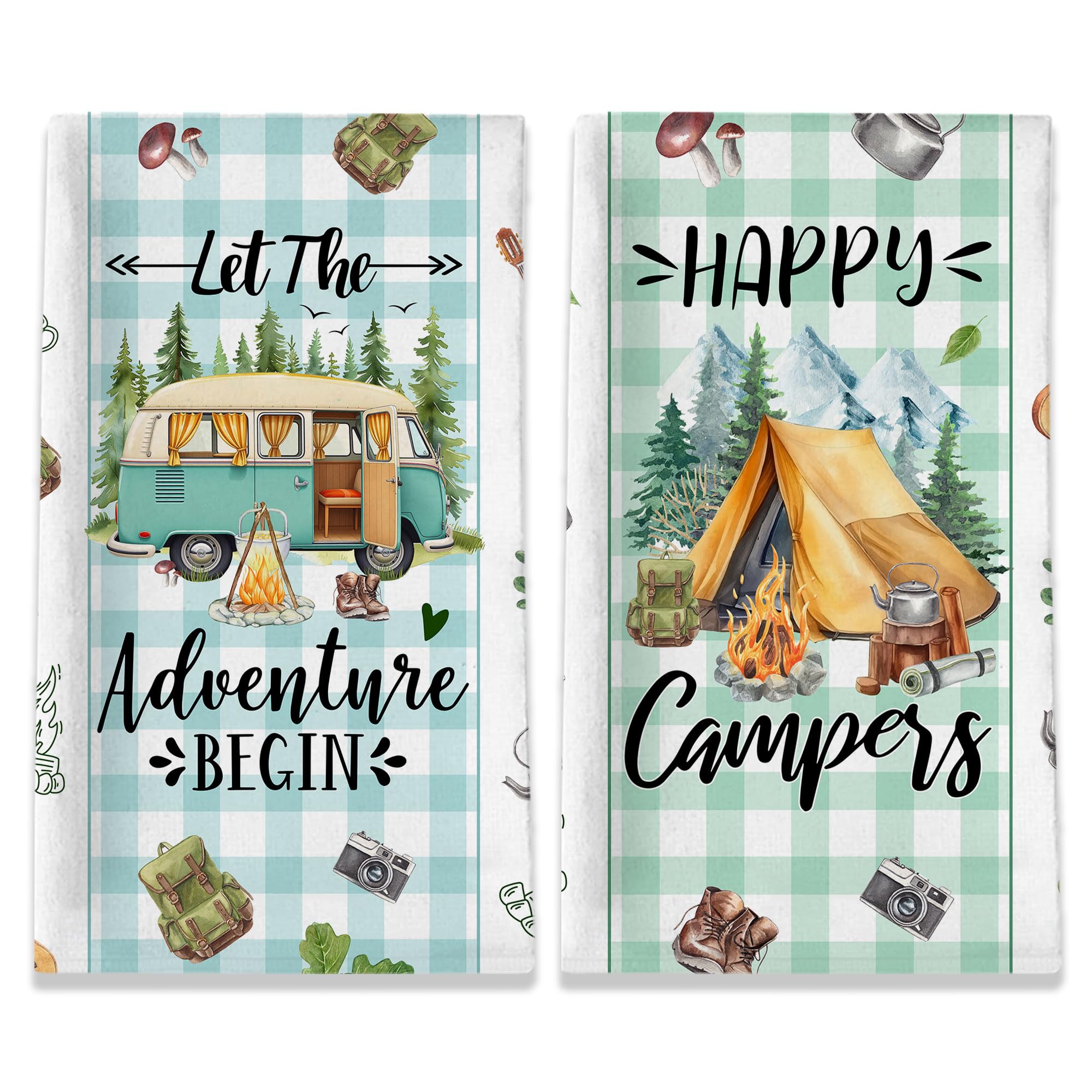 Camping Gifts for Women Happy Camper Kitchen Towels Funny Sayings Dish Towels Set of 2 for Camping Lovers