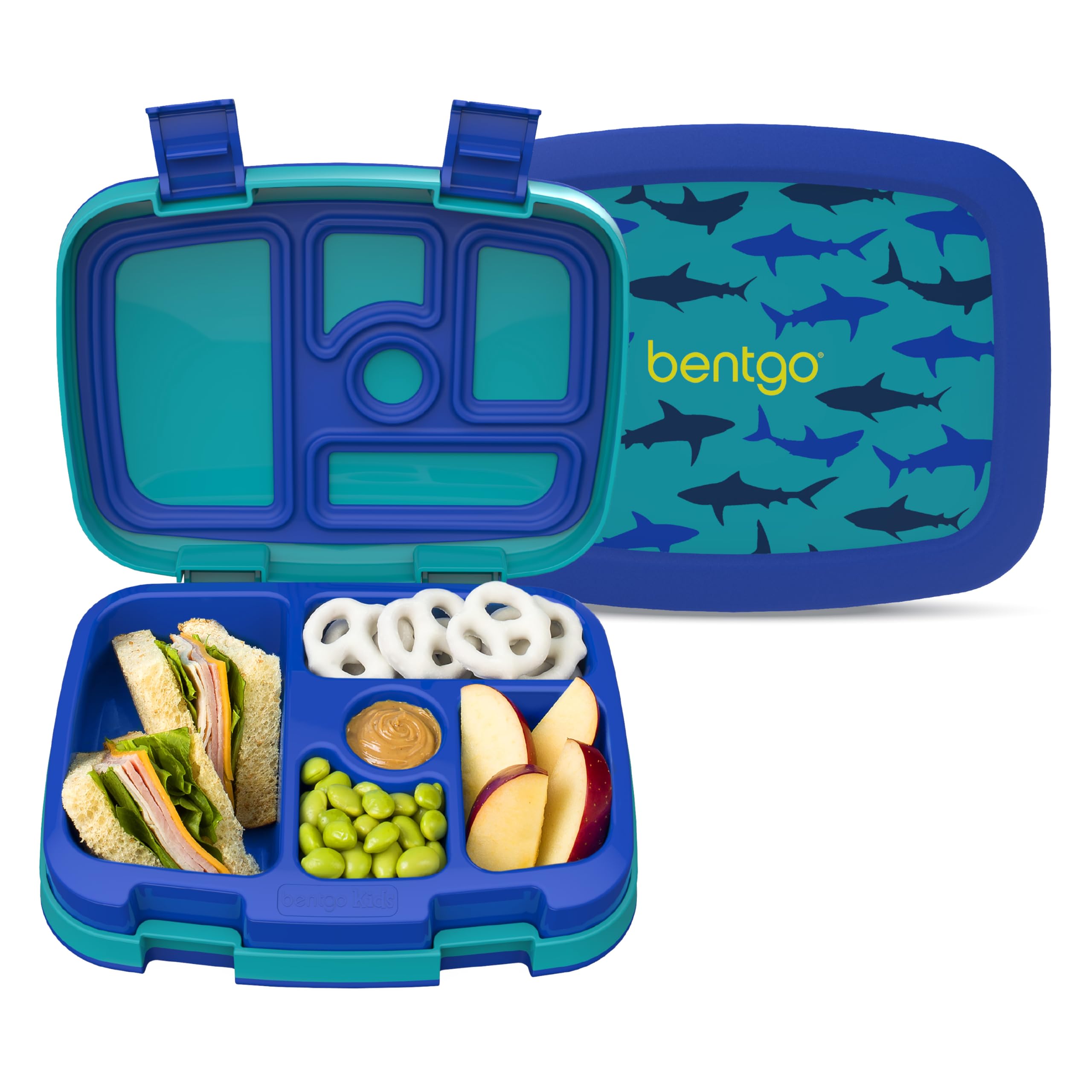 Bentgo Kids Prints Leak-Proof, 5-Compartment Bento-Style Kids Lunch Box - Ideal Portion Sizes for Ages 3-7, Durable, Drop-Proof, Dishwasher Safe, &amp; PFAS &amp; BPA-Free Materials (Sharks)