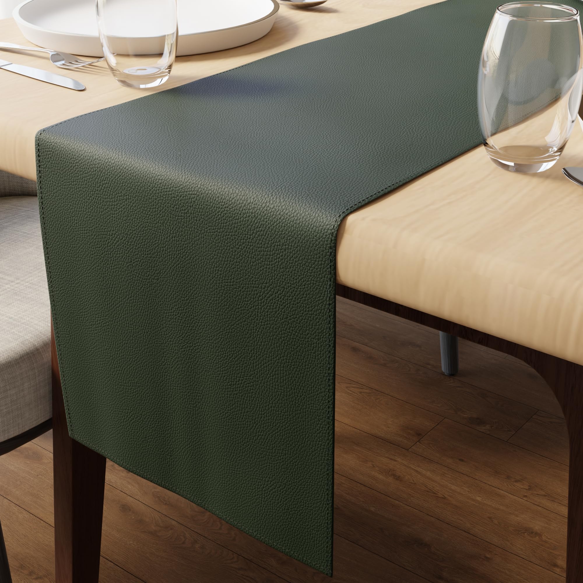 Encasa XO Faux Leather Table Runner | Size 30x150 cm with 0.7mm Thick | Waterproof & Nonslip Tricot Backing | Green Color For Dining & Kitchen Table Decor
