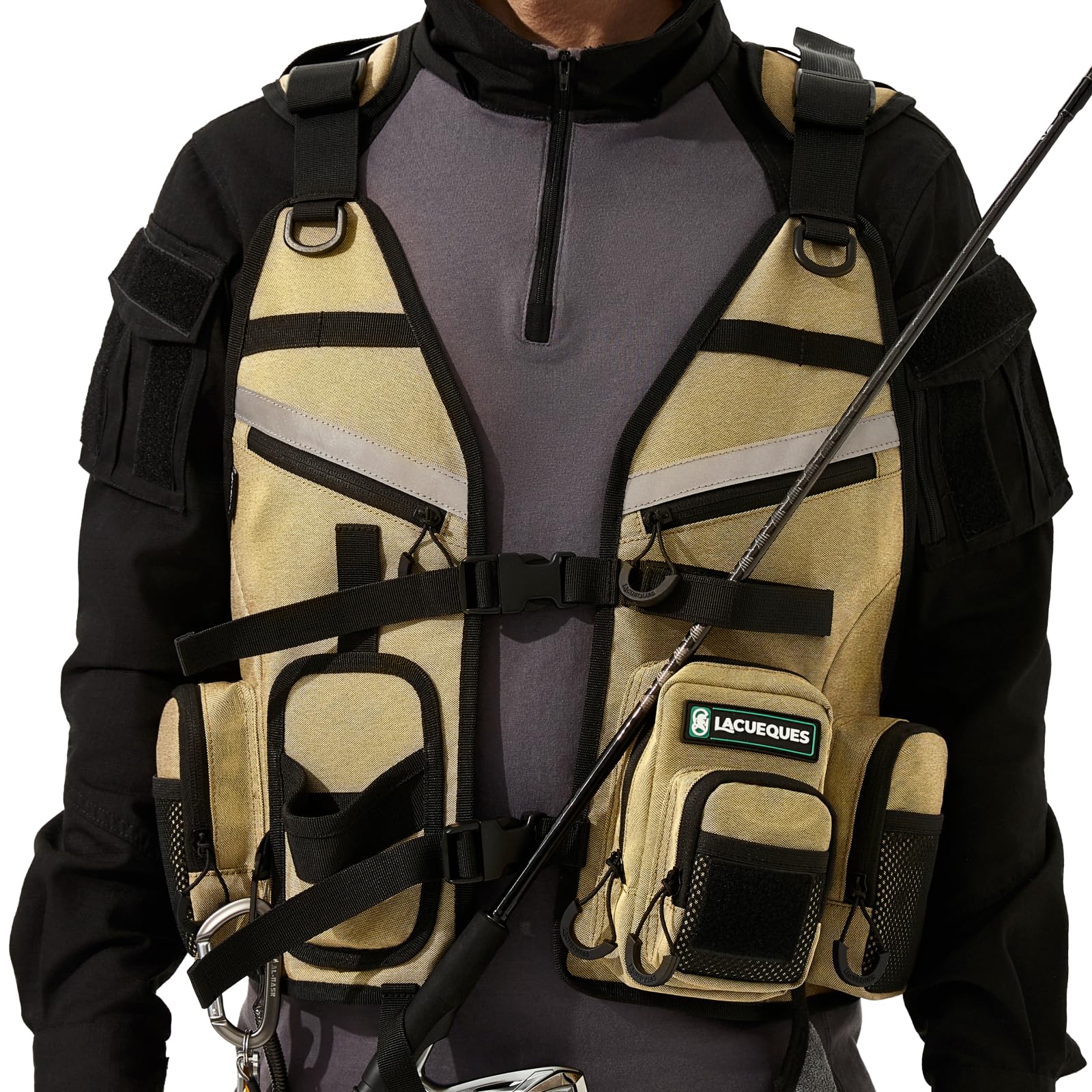 Fly Fishing Vest with Rod Holder and D-Rings - Adjustable Straps, Breathable Mesh Back, Secure Zipper Pockets