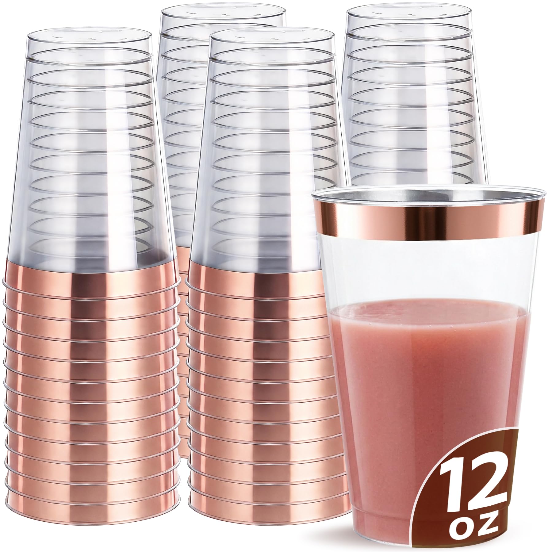 Photo 1 of 200 Pack 12oz Plastic Cups with Rose Gold Rimmed - Sturdy & Food Safe Plastic Wine Glasses Wedding Cups Party Cups Clear Cups Plastic Cocktail Glasses for Wine, Juice, Cocktails and Cold Beverages