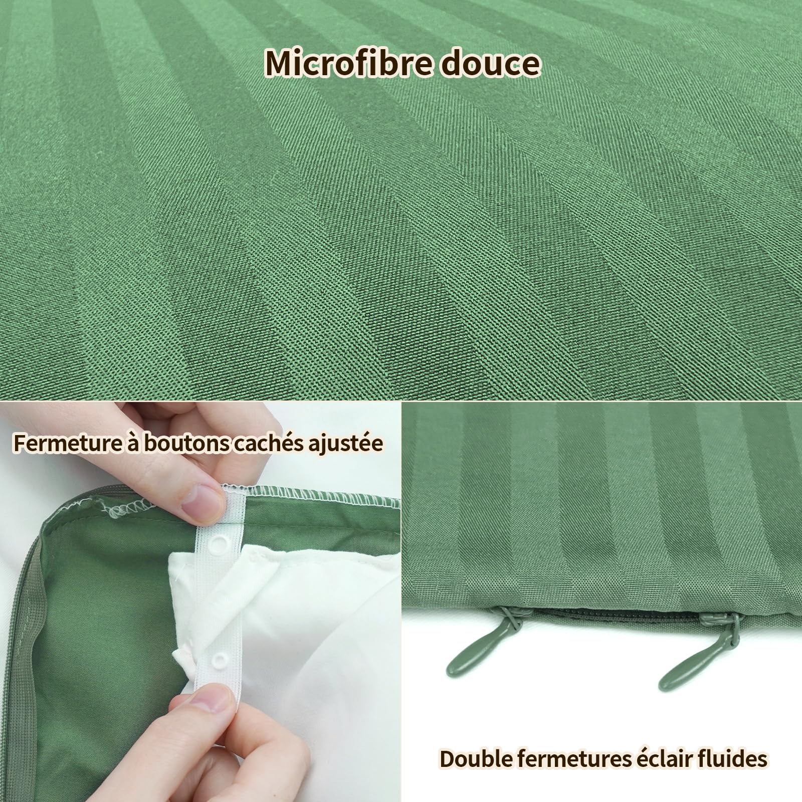 3 cremalleras laterales de 200 x 200 cm 3 piezas – 1 funda nórdica de 220 x 240 cm, 2 fundas de almohada de 80 x 80 cm Easy Bedding suave antiestático poliéster reversible – Verde militar