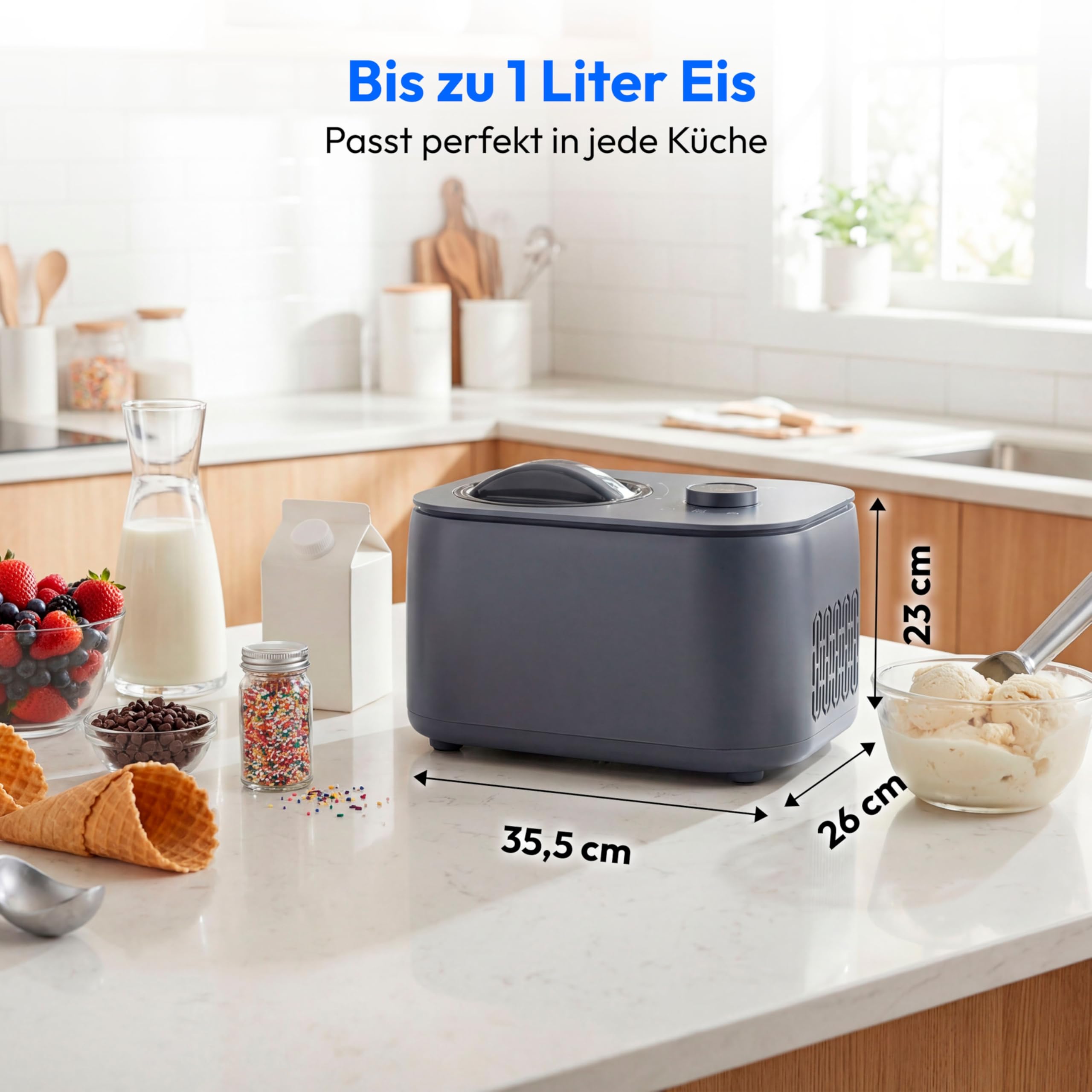 MEDION Eismaschine, Kapazität für 1 L Eis, kein Vorkühlen notwendig, LED-Display mit Sensor-Touch, entnehmbarer Aluminium-Eisbehälter, geeignet für die Zubereitung von Eiscreme, Joghurt und Slush Eis