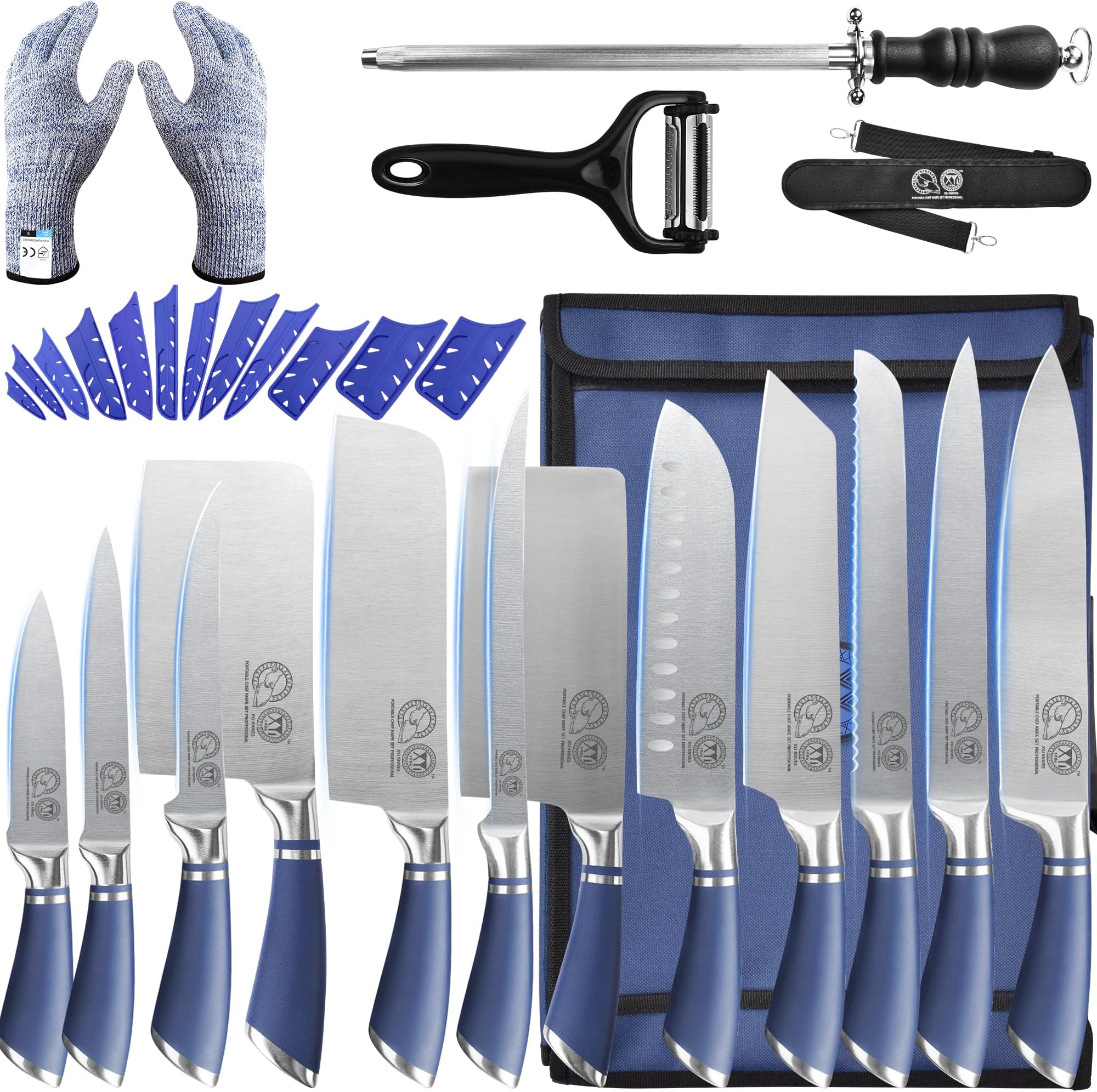 XYJ Knives,Professional Knife Sets for Master Chefs,12-pcs Chef Knife Set with Bag,Meat Cleaver Butcher for Camping