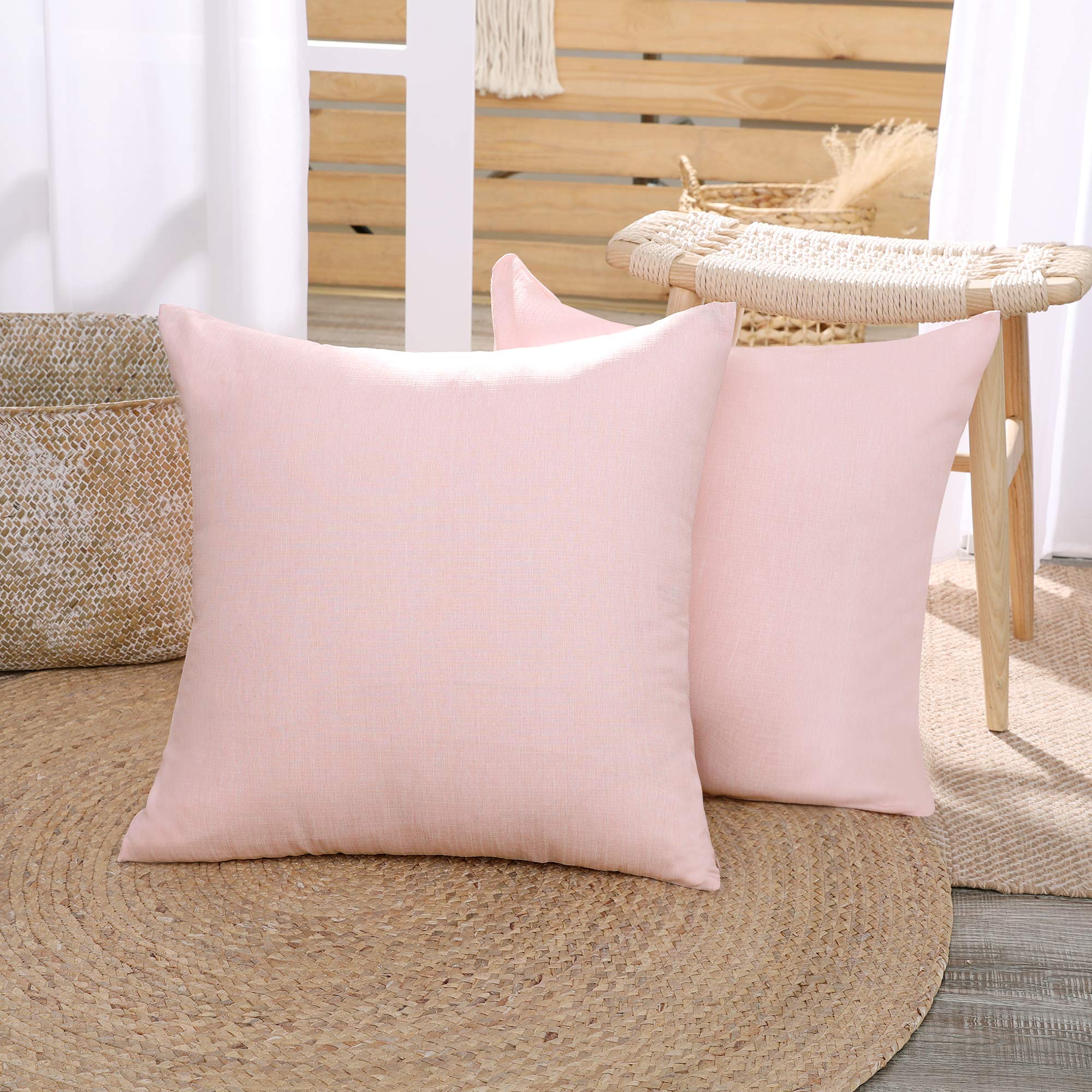 Deconovo Set of 2 Functionl Faux Linen Square Cushion Covers Throw Pillow Covers Plain Cushion Covers for Bedroom Pink 18"x18"(45cmx45cm)