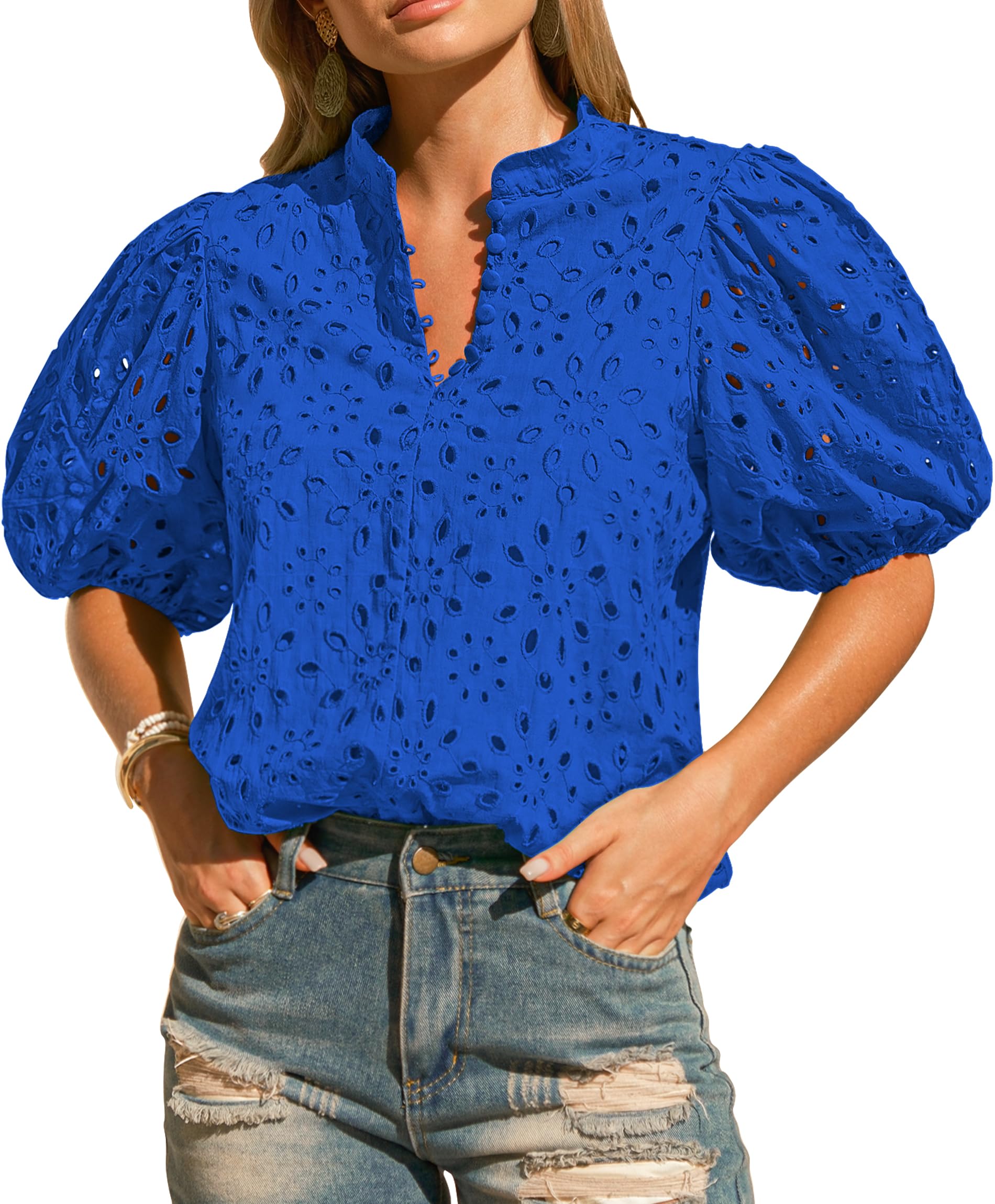 Blusas de verano con ojales para mujer, manga corta, botones, cuello en V, elegantes, informales, con encaje bordado