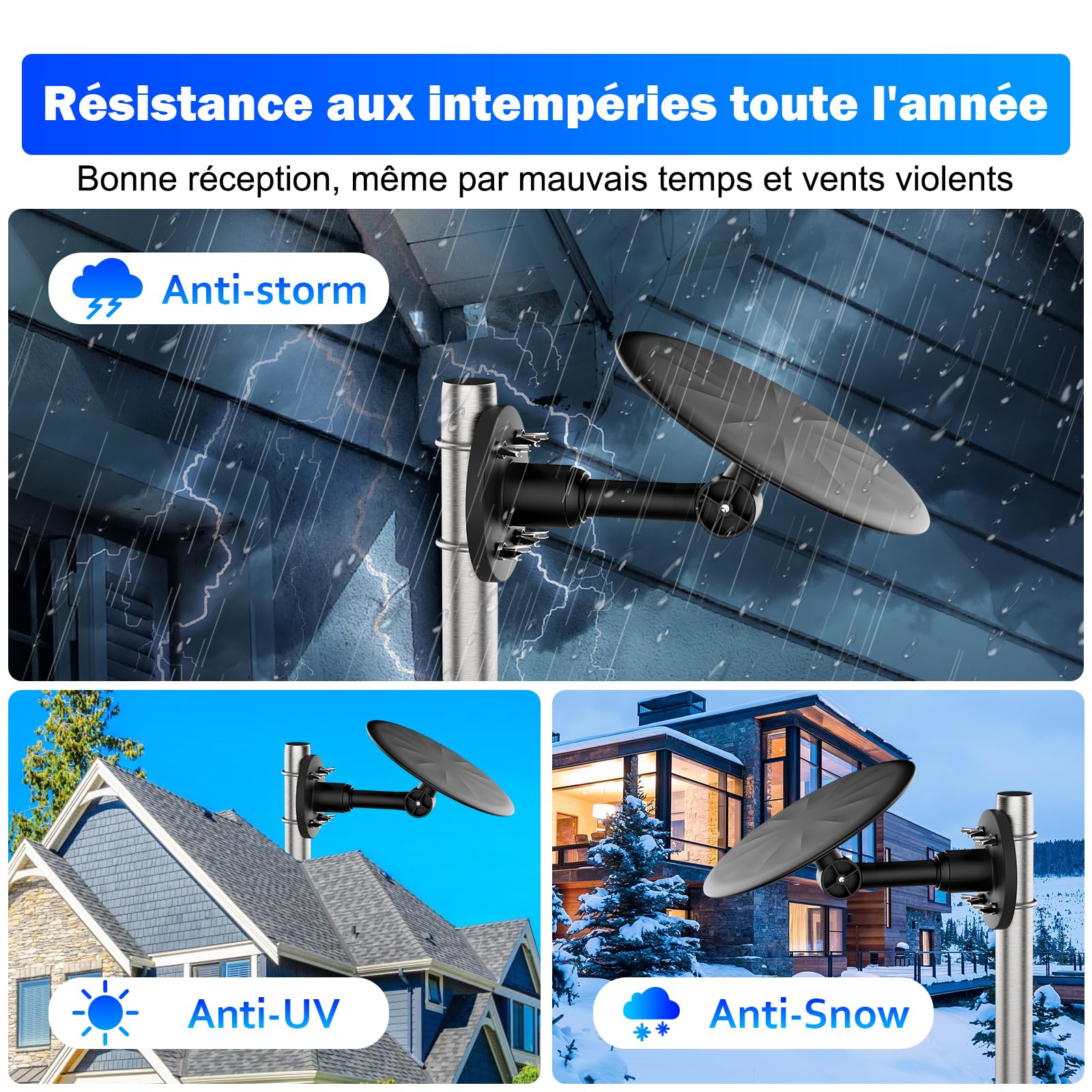 Antenna TV esterna TNT HD con amplificatore, rastrello DVB-T2 a lungo raggio a 360°, segnale digitale stabile 4K UHD, resistente alle intemperie, compatibile con Smart TV