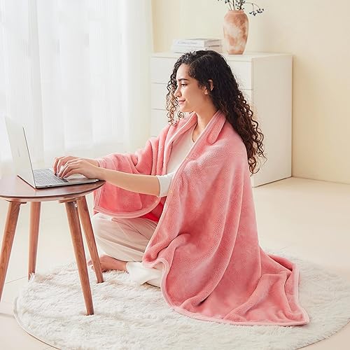 Miniatura 2 de Mellowdy Shawl Blanket Pillow 2-in-1 with Sleeves for Office, Work, Home (Blossom Pink, 40x60) - Wearable Adult Snuggie Coat Poncho, Airplane Travel