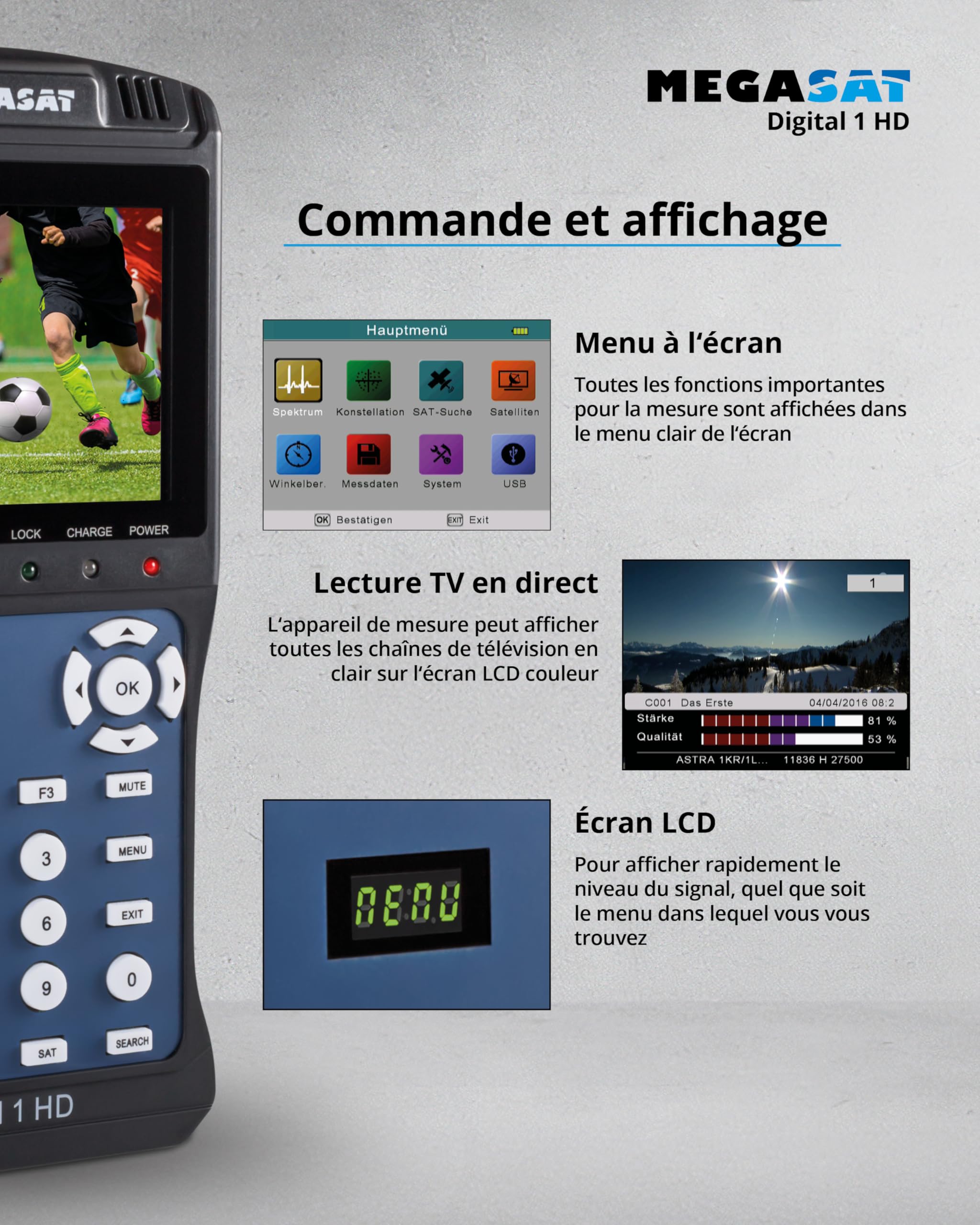 Megasat 2600011 satmessgerät Digital 1 HD Noir | DVB-S, DVB-S2, image TV en direct, Unicable, écran couleur 3,5", batterie