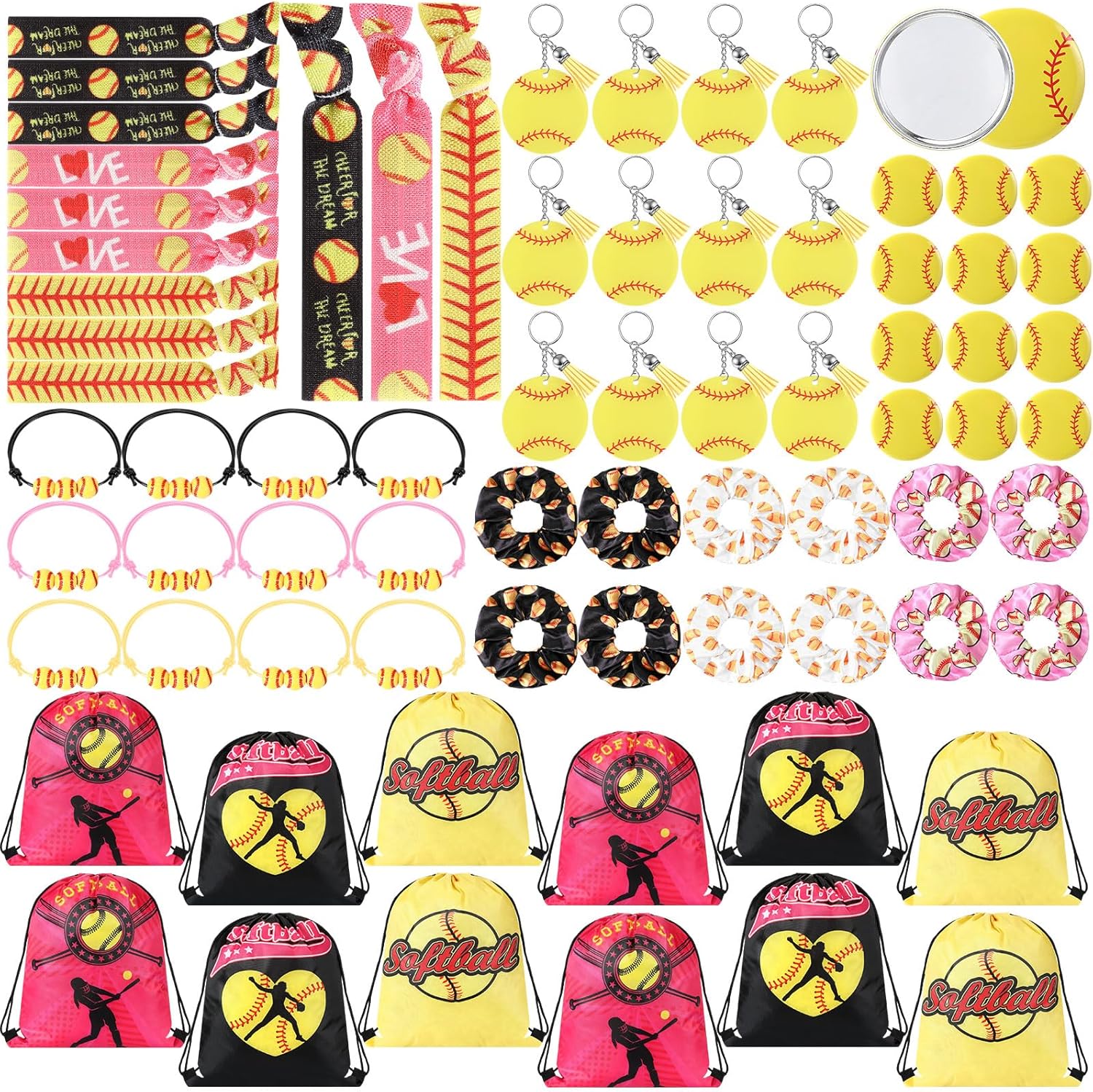 72 Pcs Softball Party Favor Softball Team Gifts Bulk Softball Accessories Softball Goodie Bags Include Mirrors, Drawstring Bags, Tassel Keychains, Hairbands, Bracelets, Bands