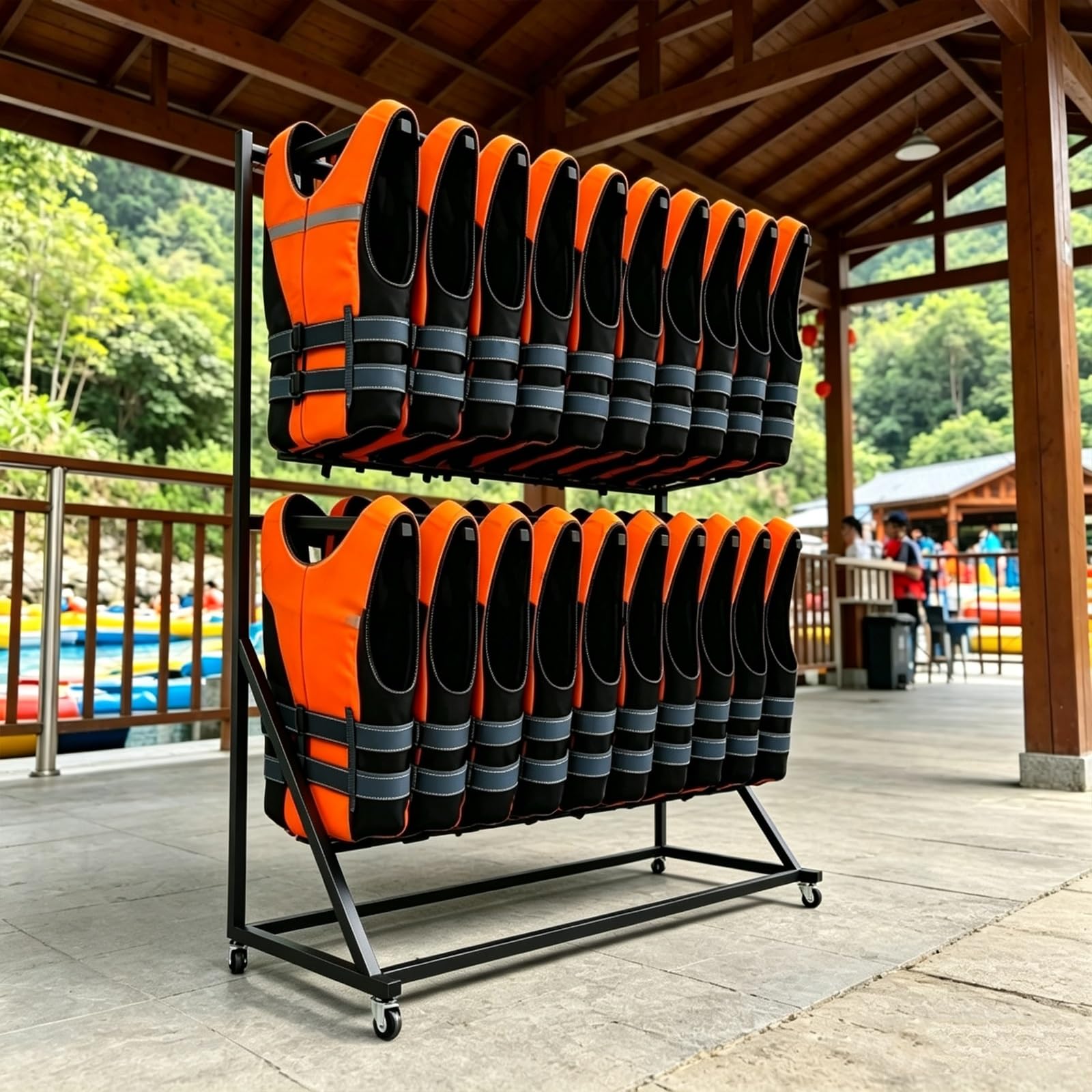 Estante Resistente para Chalecos Salvavidas, Soporte Independiente para Trajes de Neopreno y Chalecos, Organizador de Accesorios de Piscina con Ruedas giratorias(2-Tier)