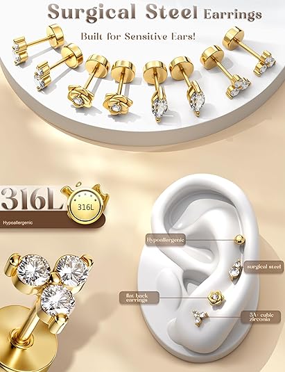 JeweBella 13Paia Orecchini Donna Acciaio Chirurgico Set Orecchini Oro/Argento Donna Orecchini Anallergici Donna Orecchini Cerchio Argento Zirconia Opale Pietra di Luna Piercing Orecchini Cartilagine
