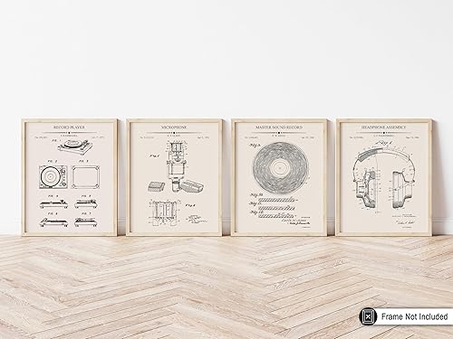 Miniatura 4 de Poster Master Plano musical de 4 piezas, estampado de patente, tocadiscos, micrófono, dibujo técnico, auriculares, grabadora de sonido, decoración