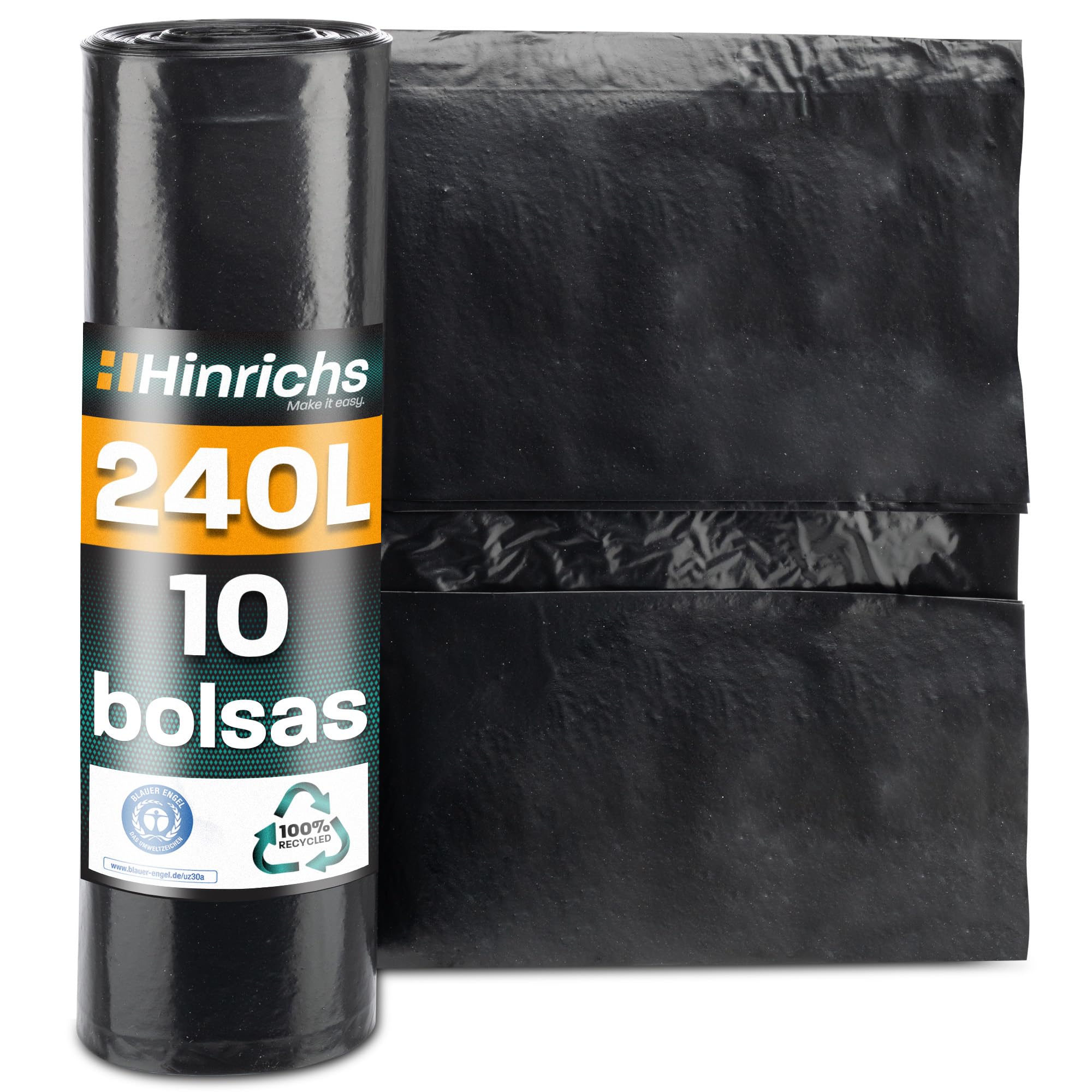 Hinrichs Bolsas de basura extrafuertes de 240 l, rollo de 10 unidades, bolsas de basura XXL, 100 x 125 cm, LDPE, eliminación de basura perfecta para el hogar, jardín, comercio, construcción, 10 bolsas