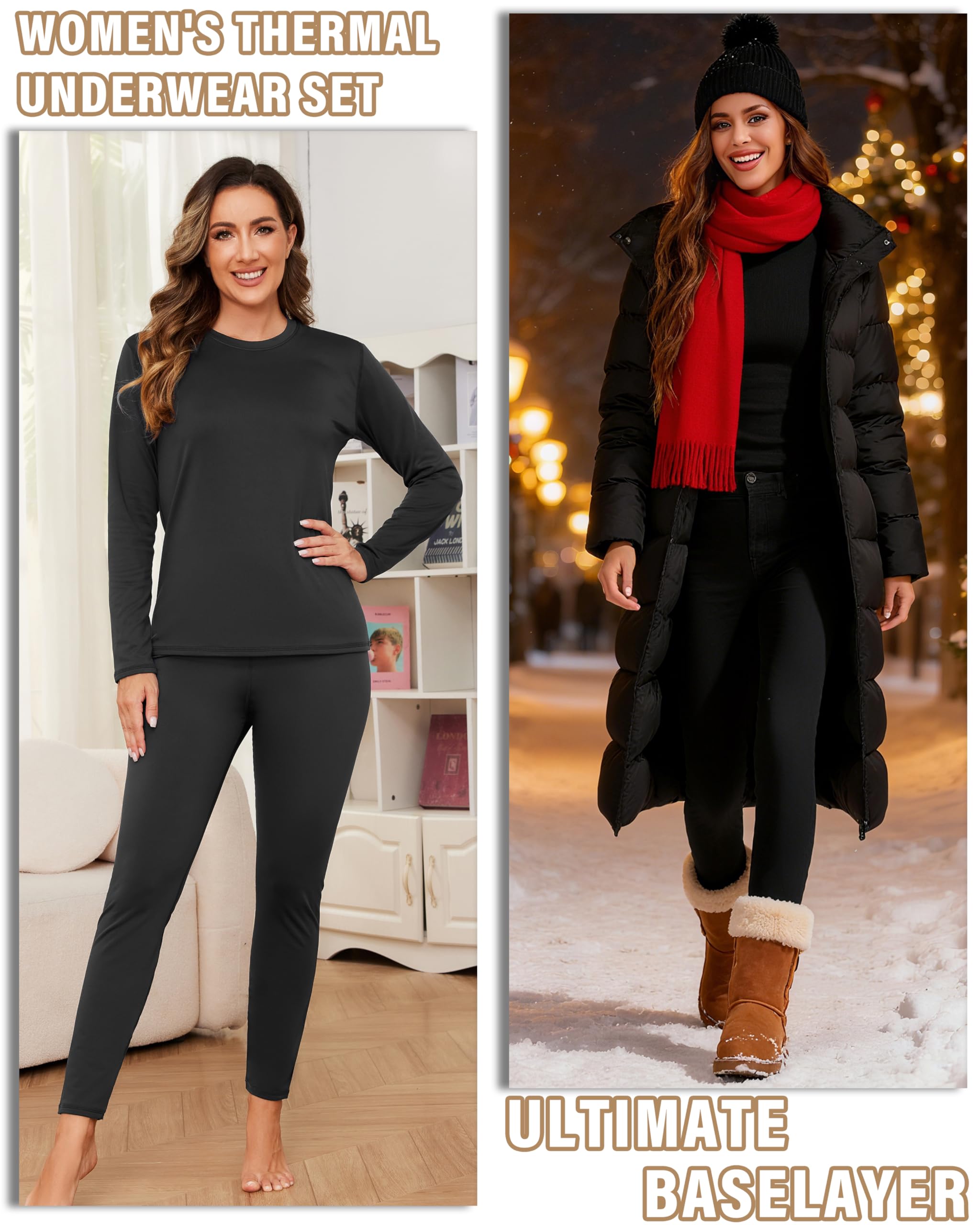 2 Sets Thermal Underwear for Women Long Johns Ultra Warm Fleece Lined Athletic Base Layer Tops & Bottom Pajama