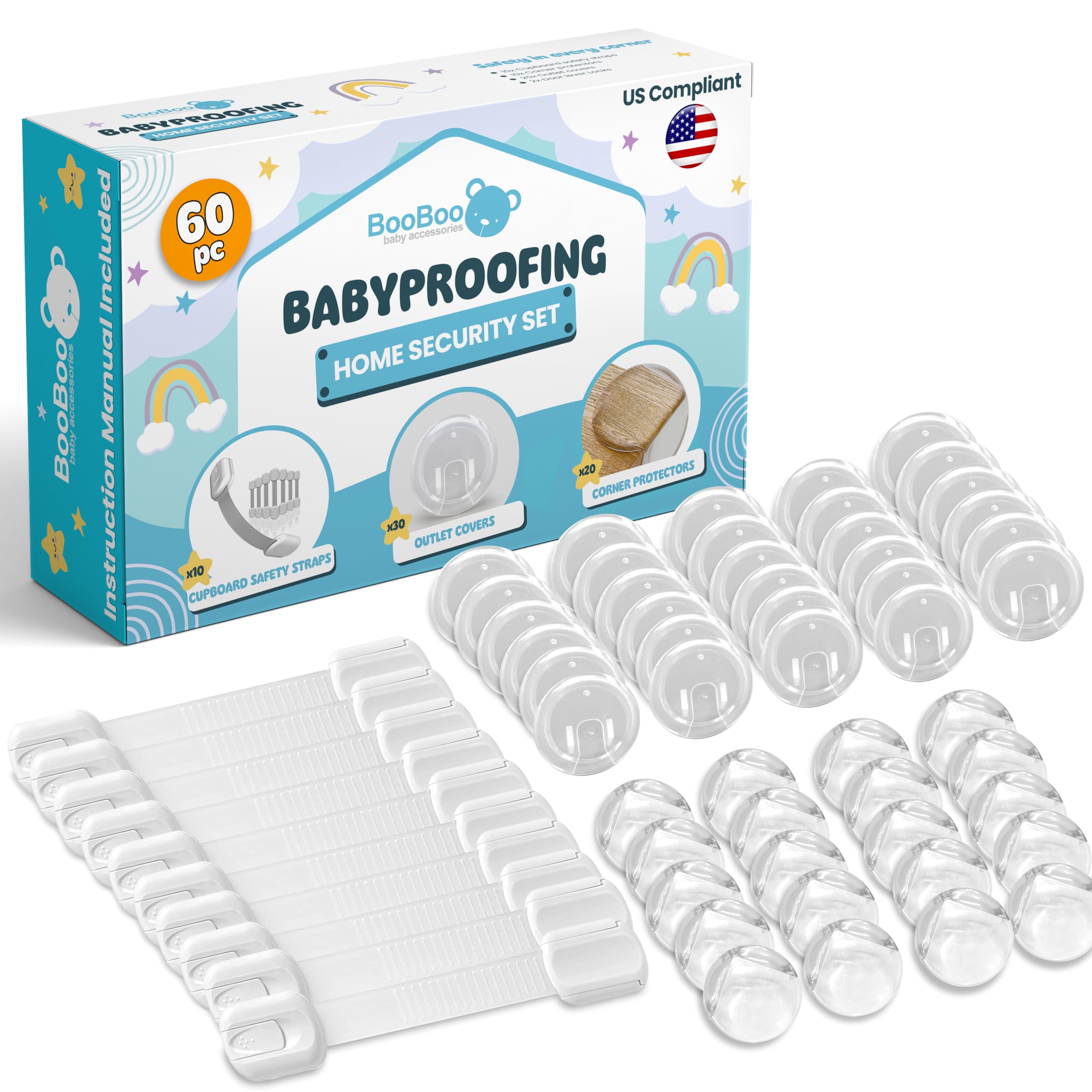 Booboo (60 Pack) Child Safety Baby Proofing Kit | x10 Cabinet Drawer Locks, x20 Corner Guards, x30 Outlet Covers | Baby Proof Your Home & Kitchen with