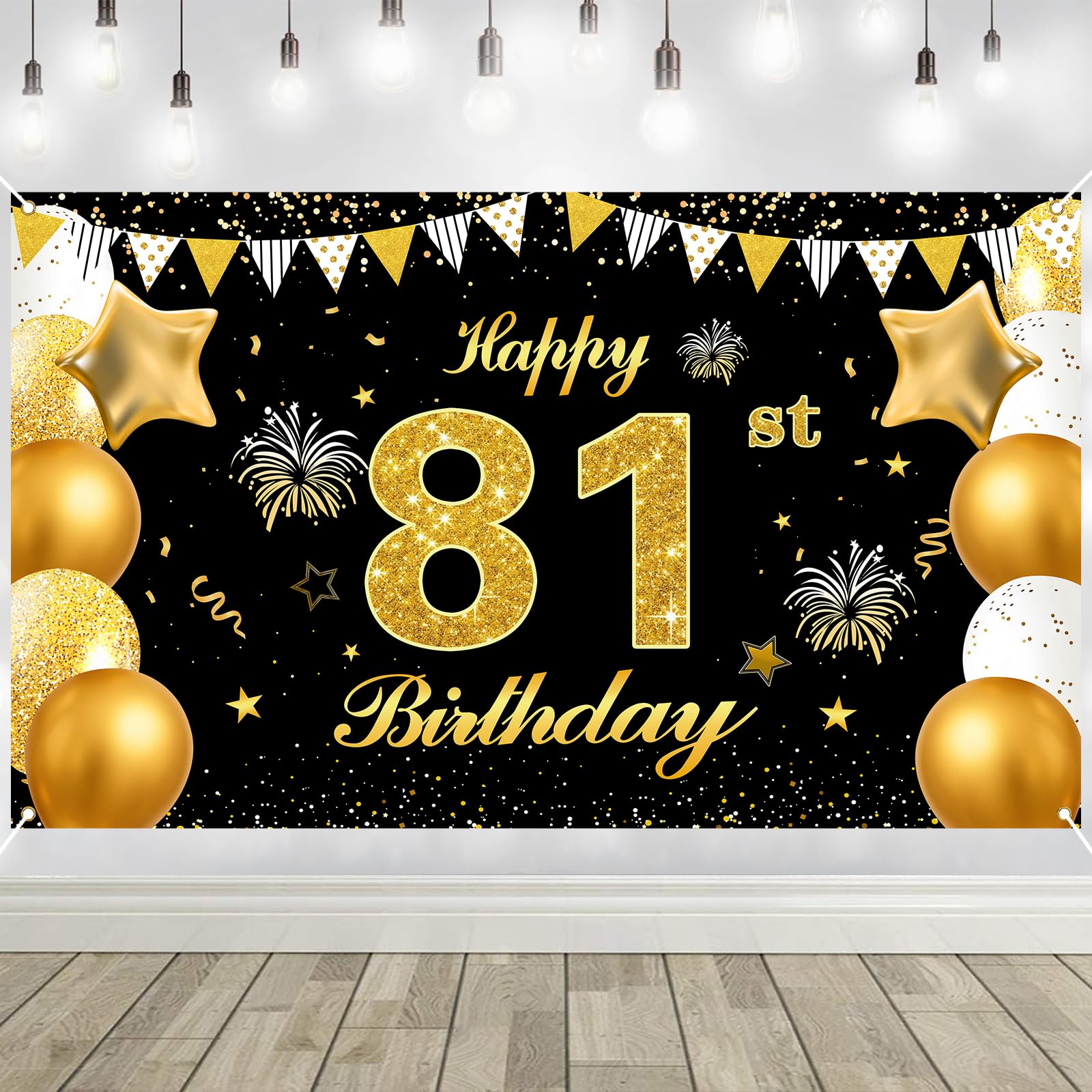 81st Birthday Decorations Banner Gold Black Happy Birthday Door Banner for Party Photo Backdrop for Men Women Home Outdoor Cover Party Decoration Supplies Poster