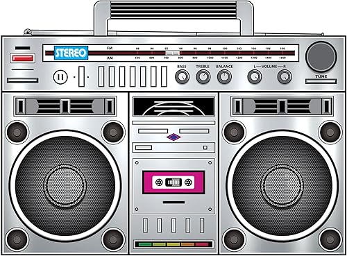 Beistle Caja Boom de los años 80, decoración retro de cartón metálico, perfecto para fiestas temáticas de baile de los años 80, accesorios de cabina