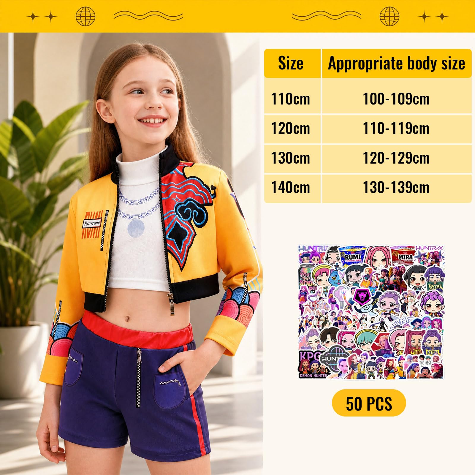 Simsky Anime Cosplay Kostüm für Mädchen, Idol Sängerin Outfit Set, Bühnenkleid mit Jacke, Hose und Aufklebern, Karneval Fasching Party Anzug für Teenager