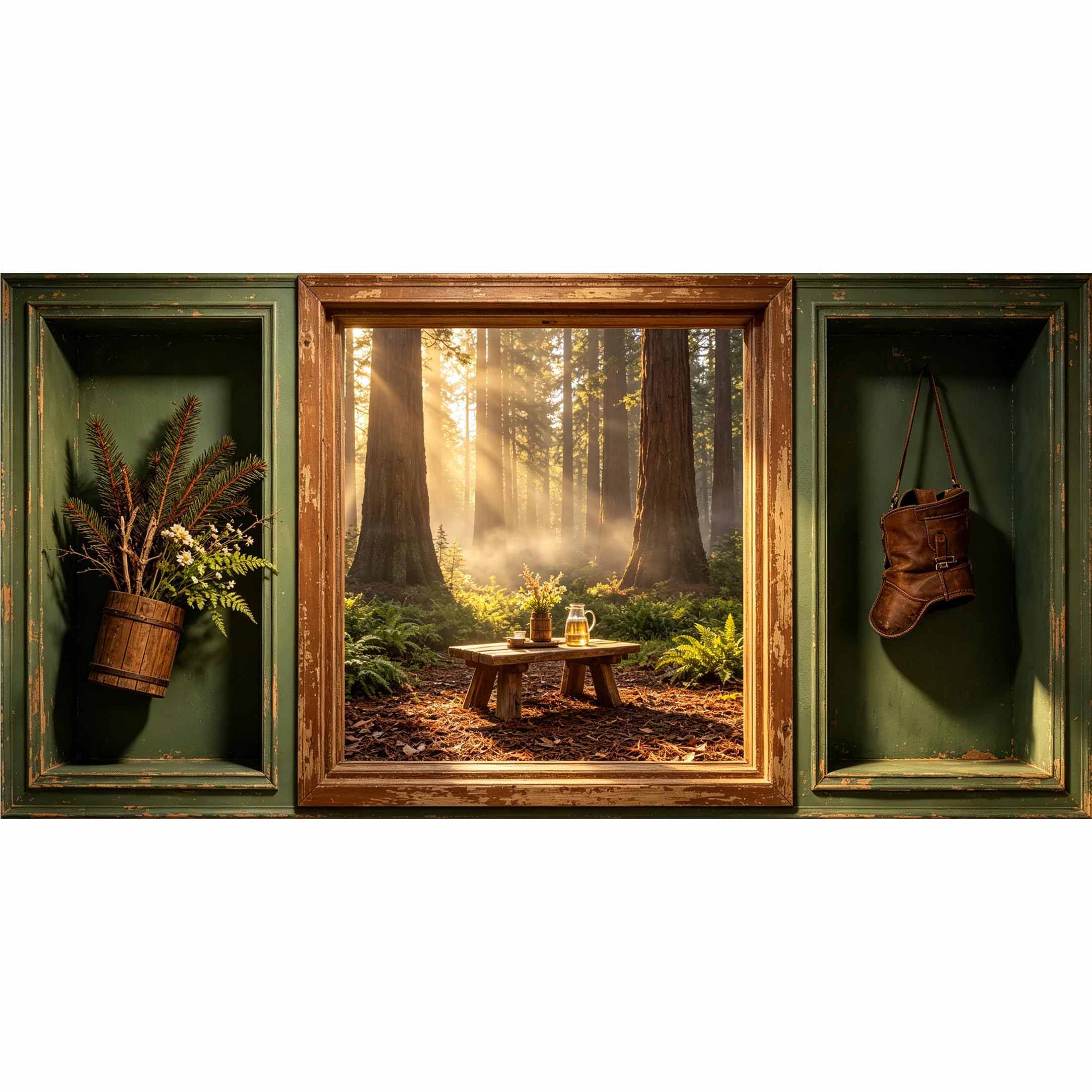 QZLITHOTIC 50x100cm 3D Framed Wall Art， Misty Redwood Forest Sunlight Nature Landscape Self‑Adhesive Mural， Water‑Activated Peel & Stick Fabric Decor Wall Decal for Bedroom Living Room