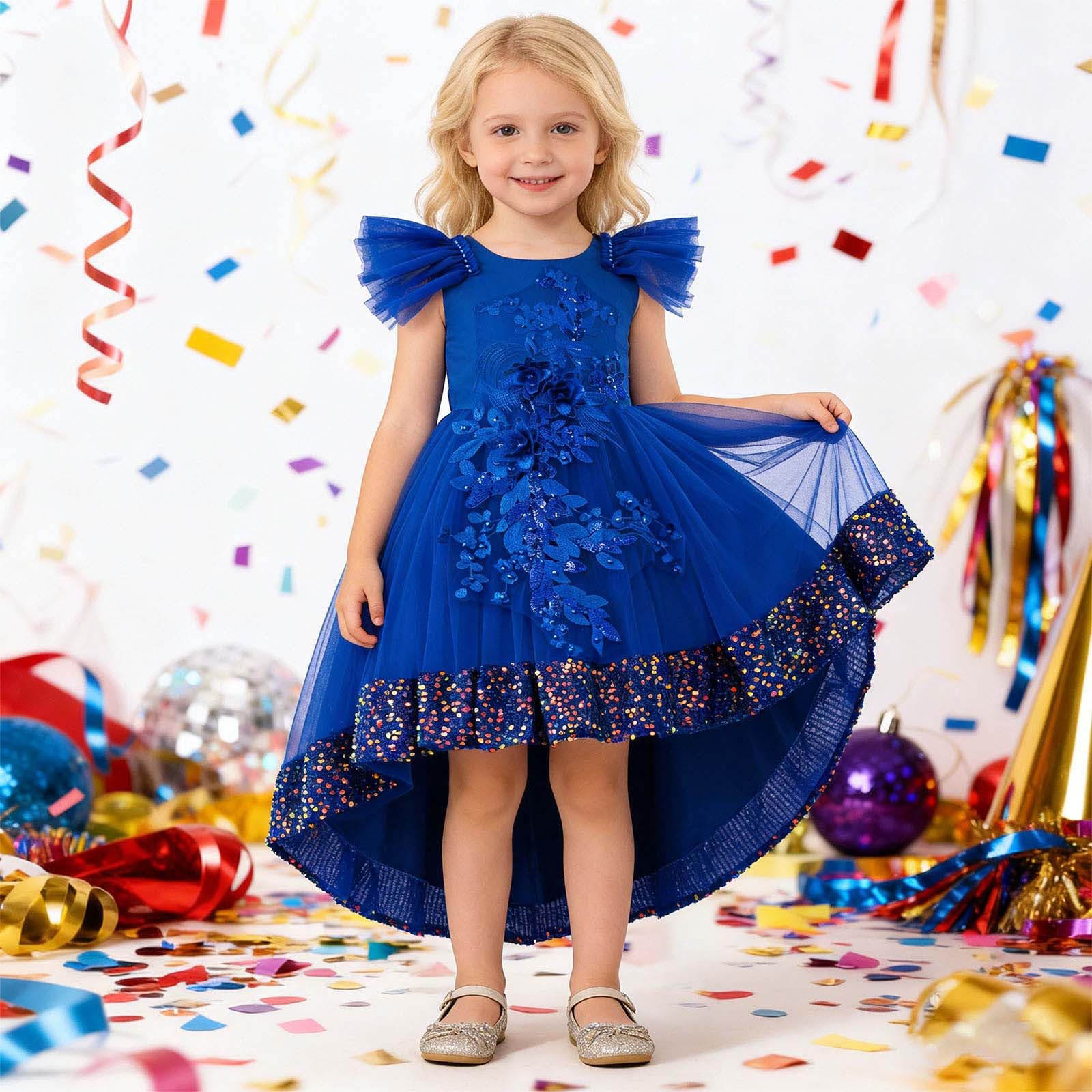 Generico Vestito da Festa per Bambina con Gonna a Strati Lunga e Paillettes Abito Elegante da Sera con Tulle e Volant per Compleanni e Celebrazioni Gonna Paillettes