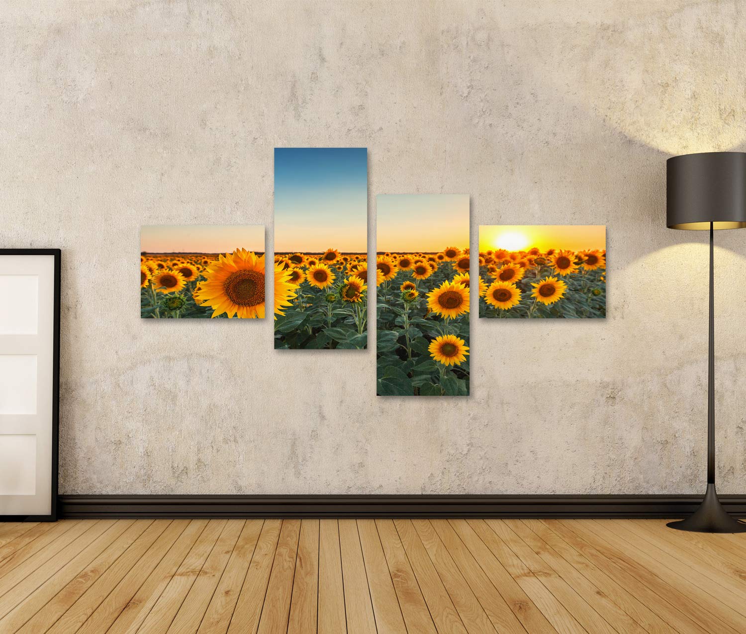 islandburner Quadro su tela Campi di girasoli al tramonto Quadri Stampe Immagini Murale Decorazione da parete