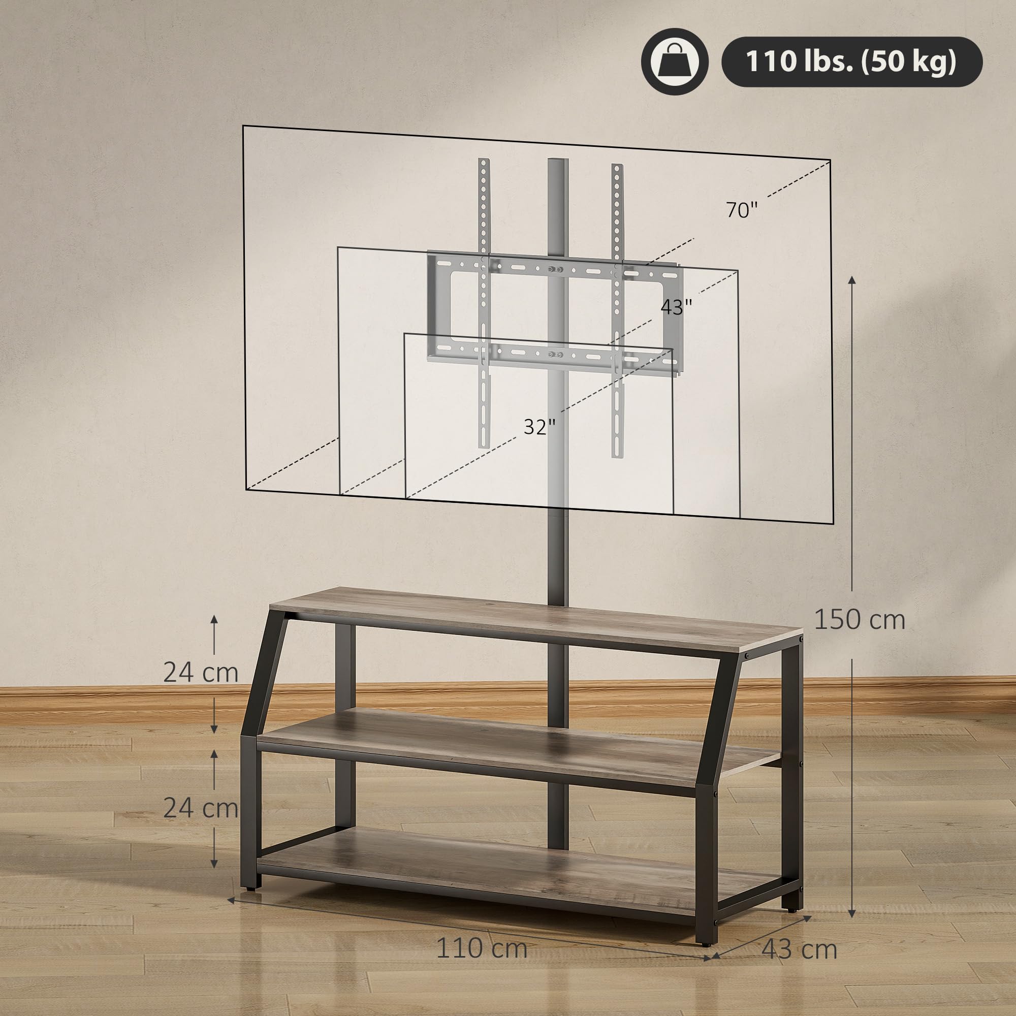 HOMCOM Meuble TV 110 cm avec Support pour Téléviseurs 72 Pouces, Gris | Meuble Télé, 2 Étagères Ouvertes, Cadre en Métal, Banc TV, pour Salon, Chambre