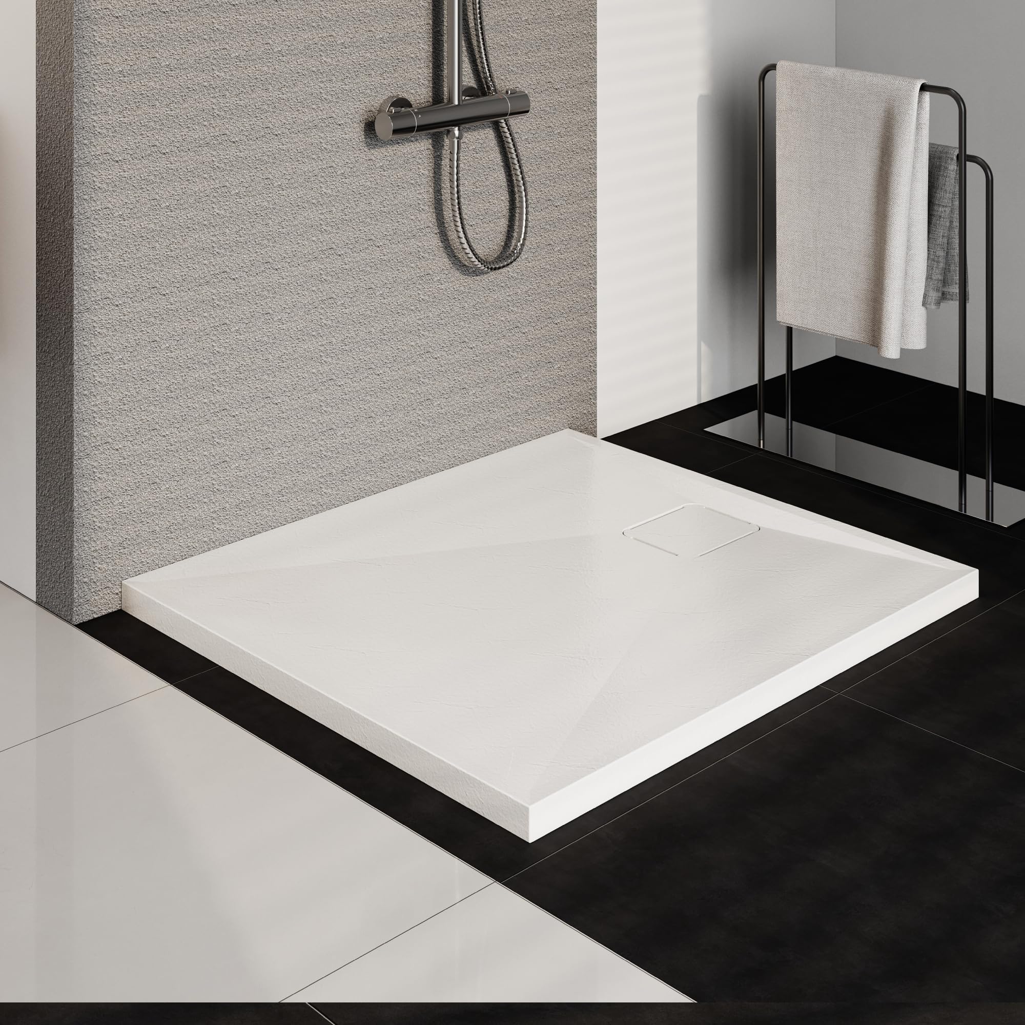 HOROW Plato de Ducha 80 x 90 cm Extraplano, Antideslizante, Acrílico Blanco con Textura de Piedra - Ducha Completa Incluye Desagüe y Tapa, 4 cm de Altura, Fabricación en Una Pieza Sin Fugas