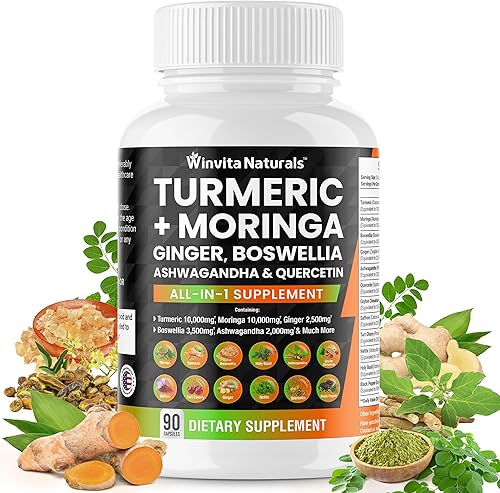 Curcumina de cúrcuma 10000 mg Moringa 10000 mg Boswellia 3500 mg jengibre 2500 mg azafrán 2000 mg - Suplemento de apoyo articular para mujeres y
