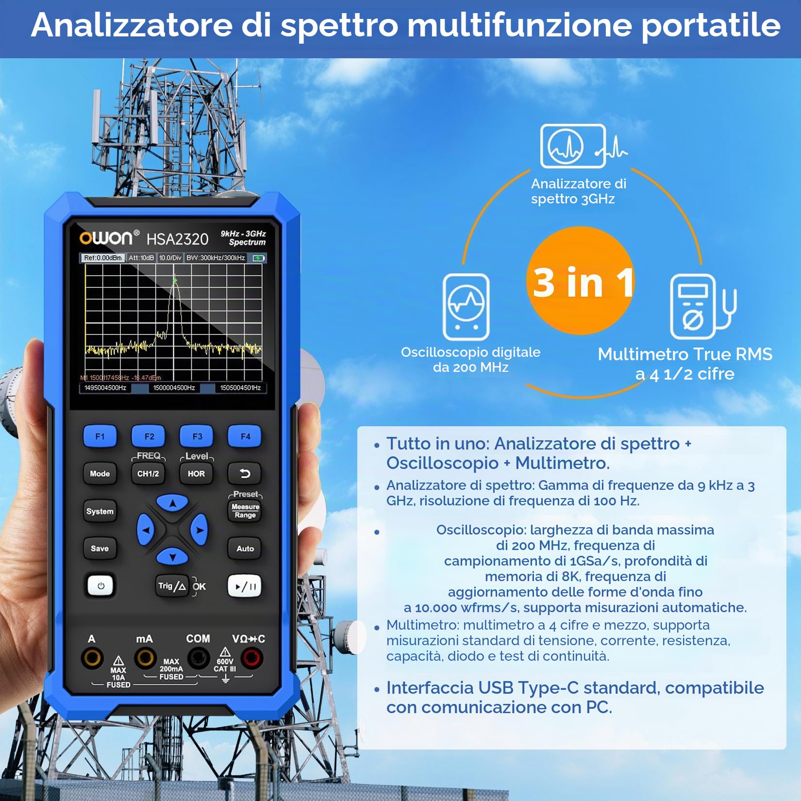 OWON HSA2320 Analizzatore di Spettro 3 in 1 da 9kHz a 3GHz, Oscilloscopio a 200MHz, Multimetro a 4 1/2 Cifre, Frequenza di Campionamento Massima di 1GSa/S, Analizzatore di Spettro Multifunzione
