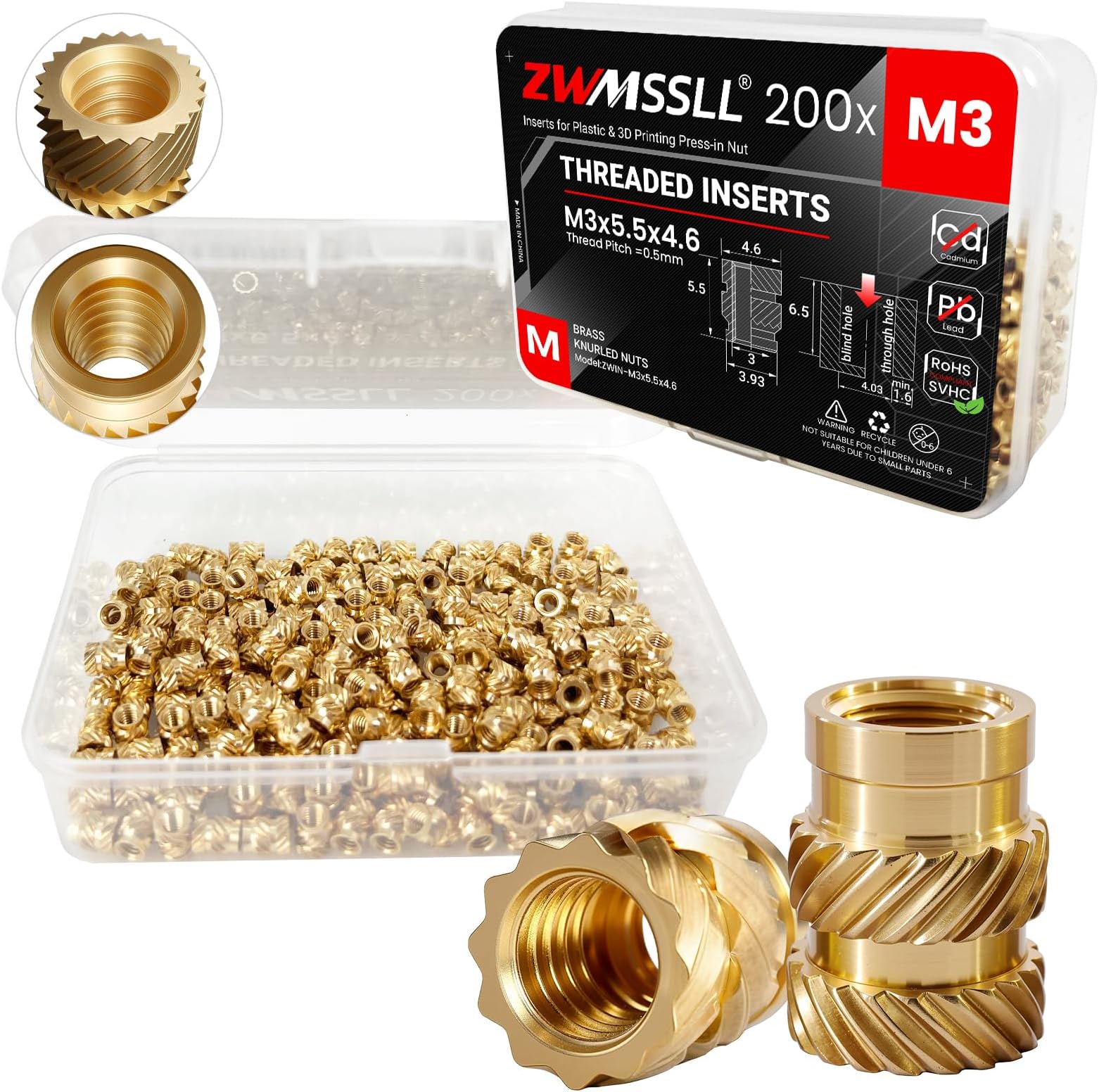 M3 Threaded Inserts-200 Pieces M3x5.5x4.6 Heat-Set Insert Brass Knurled Nuts for 3D Printing Components and Plastic Parts
