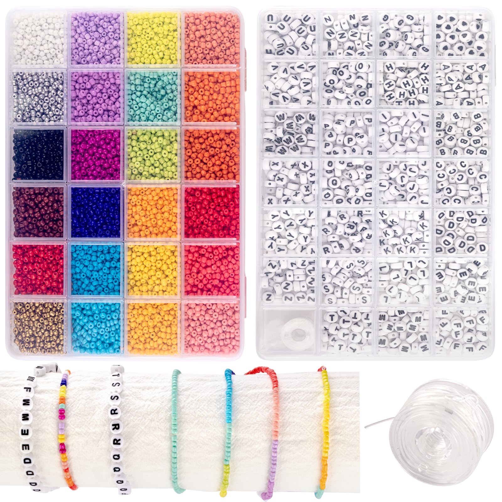 12000pcs 3mm seed beads and 1400pcs letter beads for bracelet making,24 colors glass bracelet making kit beads and alphabet beads with elastic cord,clay beads bracelet kit for friendship bracelets