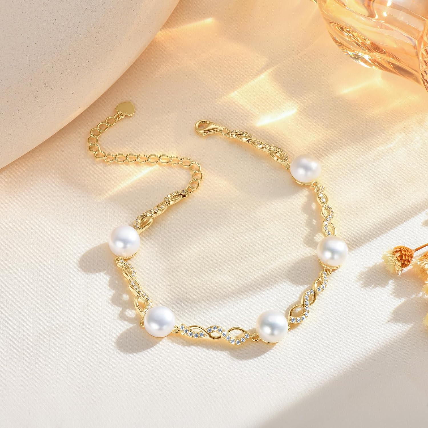 Gold Plated Infinity Bracelet for Women, 8mm Freshwater Cultured Pearl & Cubic Zirconia Inlay, Adjustable Link Chain with Extension, June Birthstone Jewelry Gift for Mom Wife