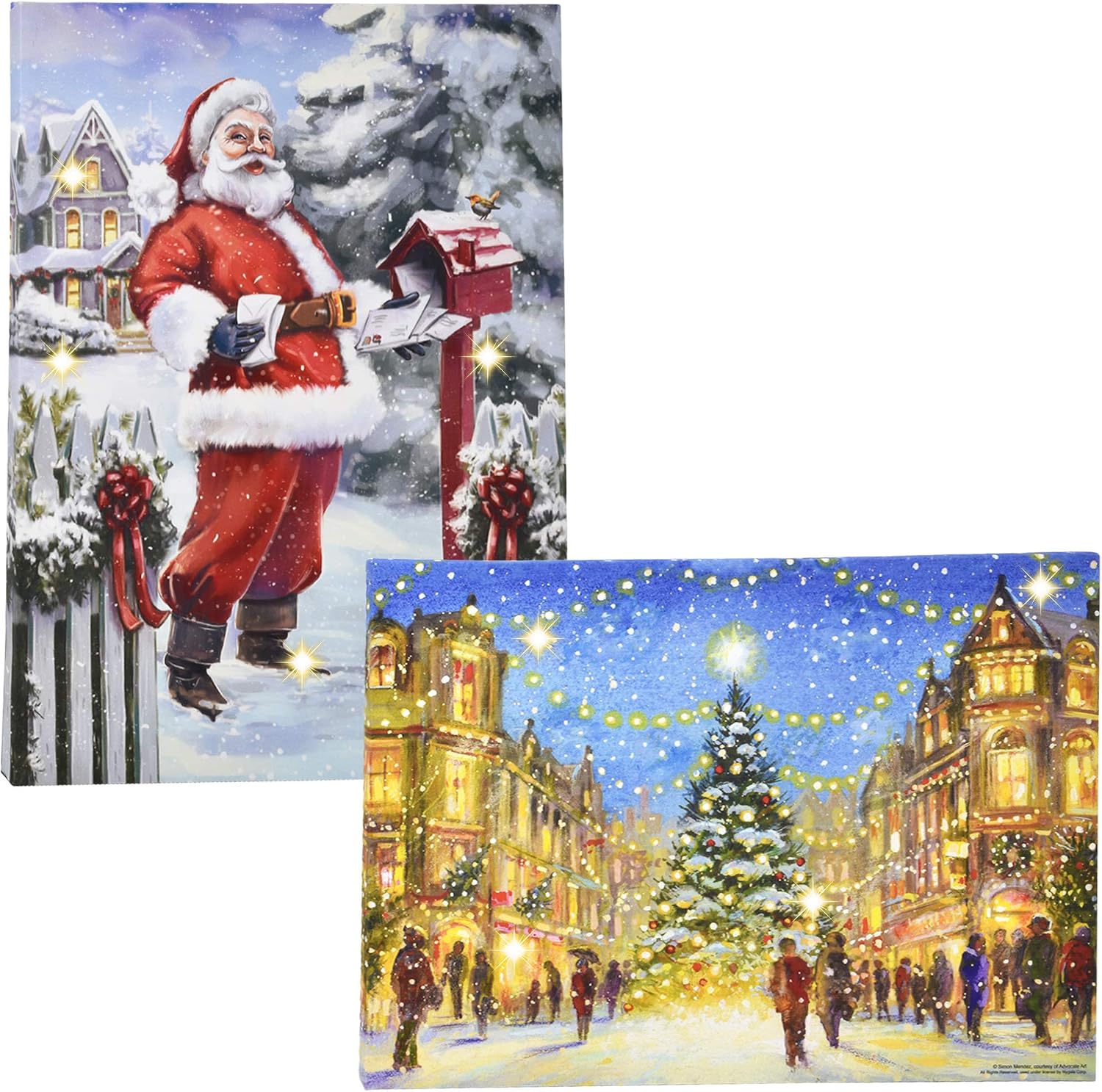 Gift Boutique Christmas Lighted LED Canvas Wall Art Set of 2 Led Fiber Optic Lights Winter Holiday City Scene Large 16" Prints Merry Christmas Santa Tree Designs With Battery Operated Light Pictures