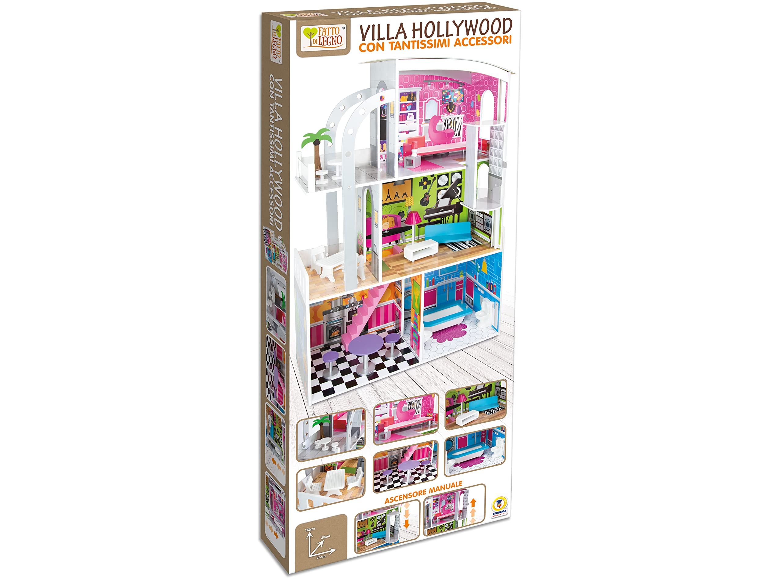Teorema 40642 - Casa per le bambole Tema Hollywood, 4 stanze, con Accessori in legno, Ascensore Manuale, Altezza 110cm
