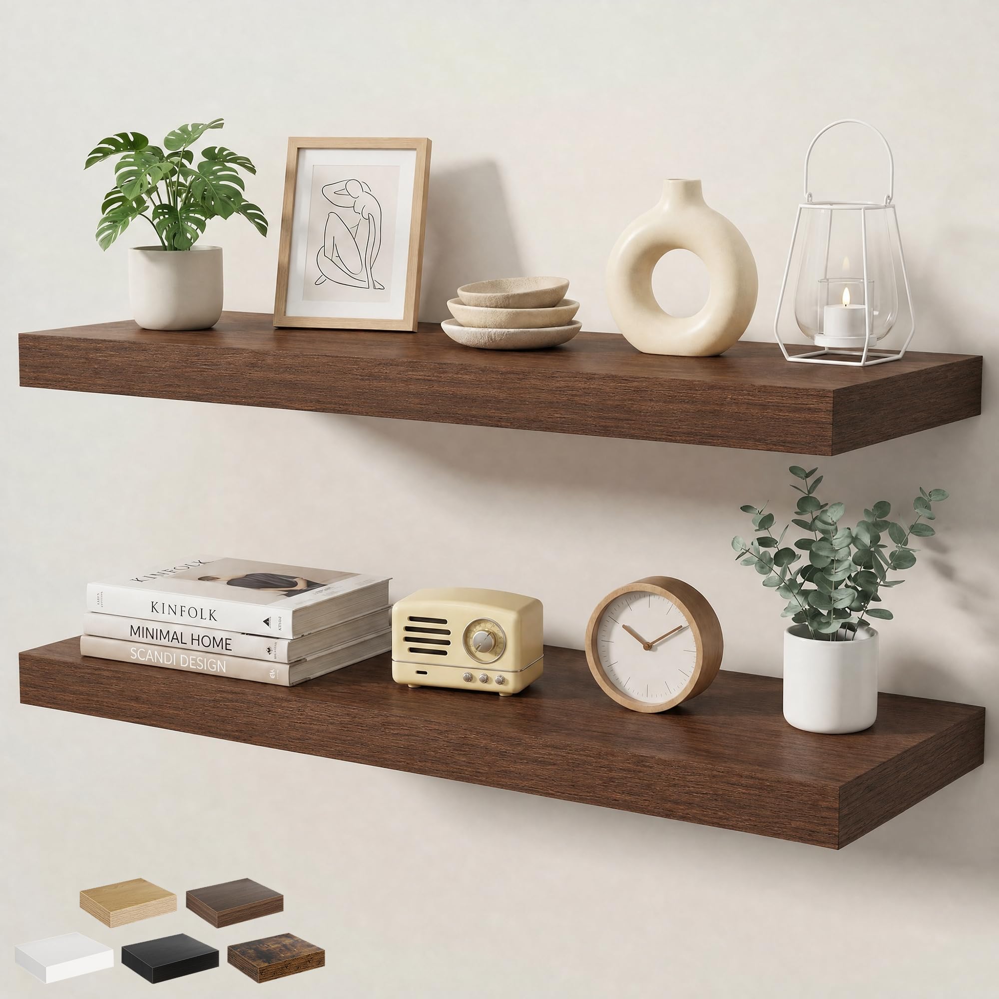 KovaScape 90cm Floating Shelves for Wall, 23.5cm Deep Wall Mounted Shelf with Invisible Brackets, Engineered Wood Rustic Shelf for Living Room Bathroom Bedroom Kitchen Storage, Walnut, Set of 2