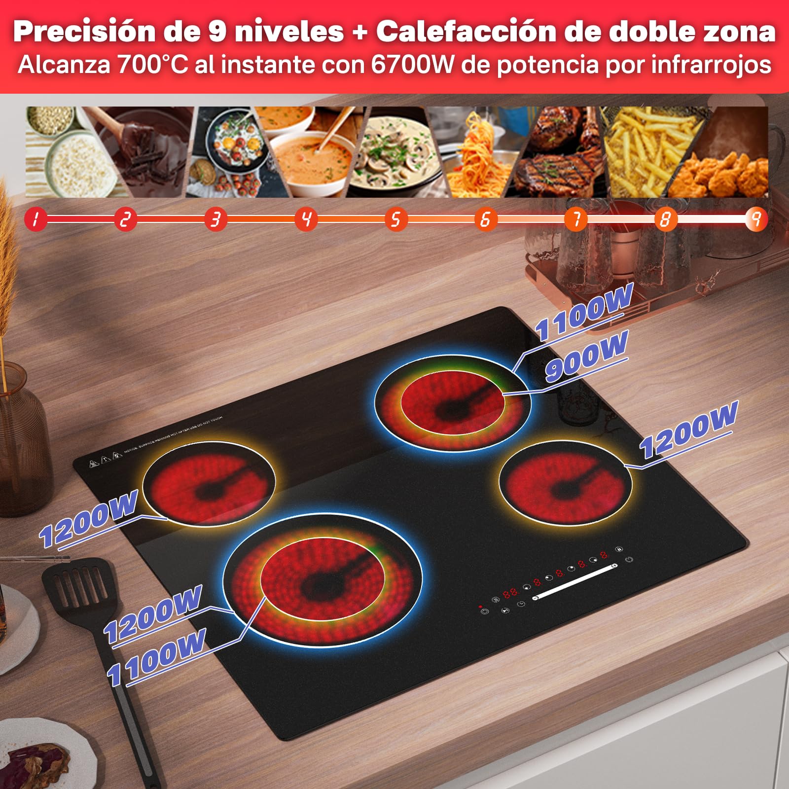 Alemania Placa Vitrocerámica 60 cm 4 Zonas 6700W con Zona Doble, Placa Eléctrica Empotrable con Control Deslizante, Temporizador, Pausa, Mantener Caliente, Bloqueo Infantil