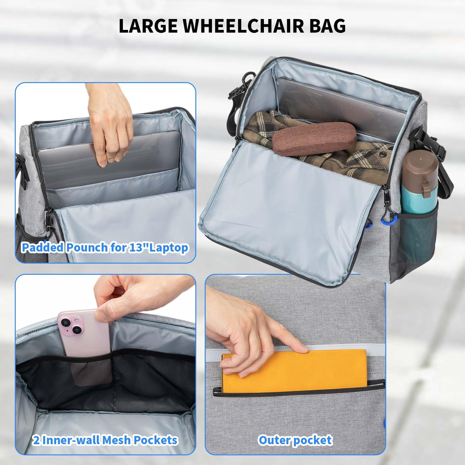 ZHCHG Bolsas para silla de ruedas, mochila para silla de ruedas con portavasos, bolsas para sillas de ruedas para colgar en la parte posterior, accesorios para sillas de ruedas eléctricas, bolsa de