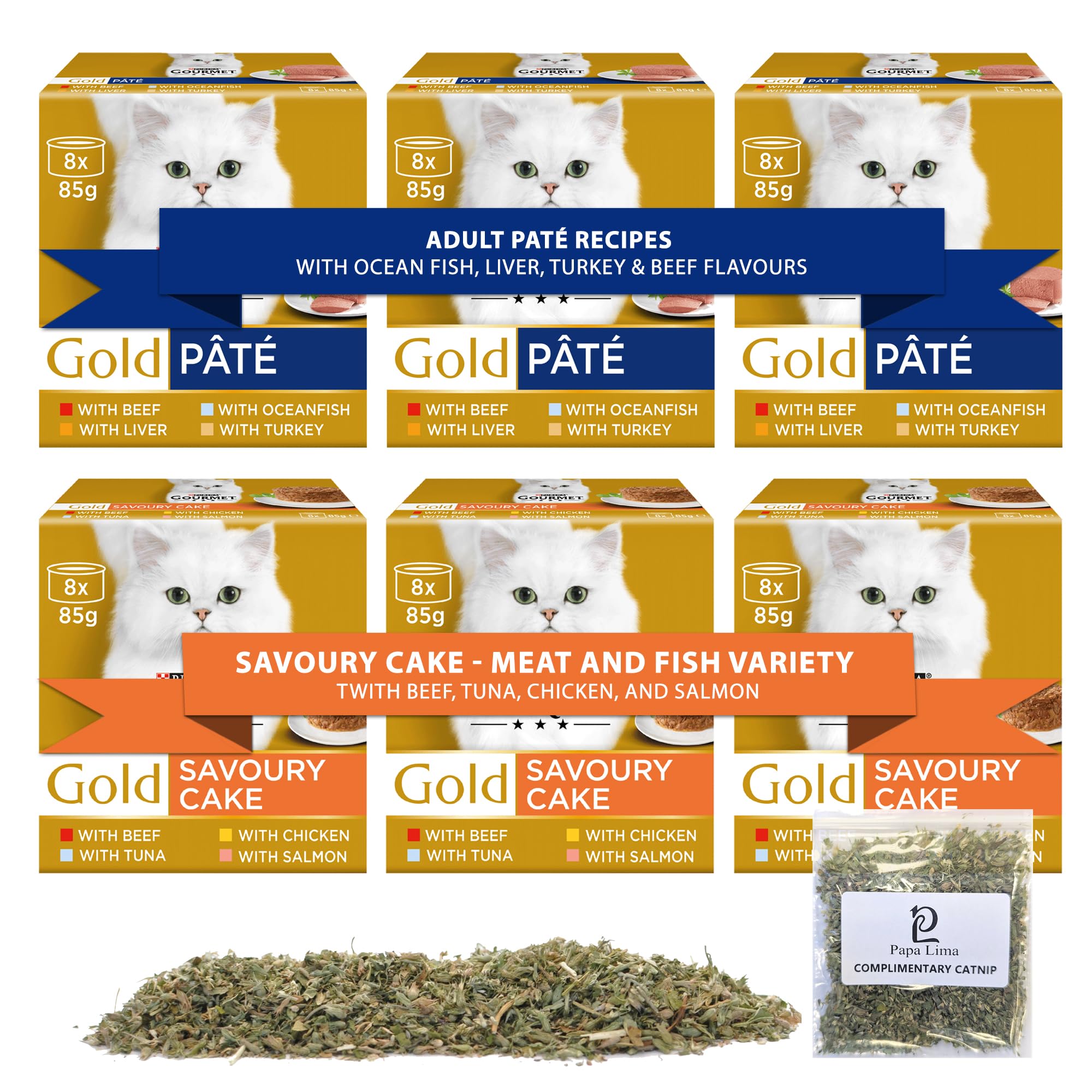 Wet Cat Food Bundle | Pate Recipes + Savoury Cake Meat and Fish Flavours | 48 x 85g Tins + Papa Lima Pure Canadian Catnip | Pack of 6 for Happy, Healthy Cats