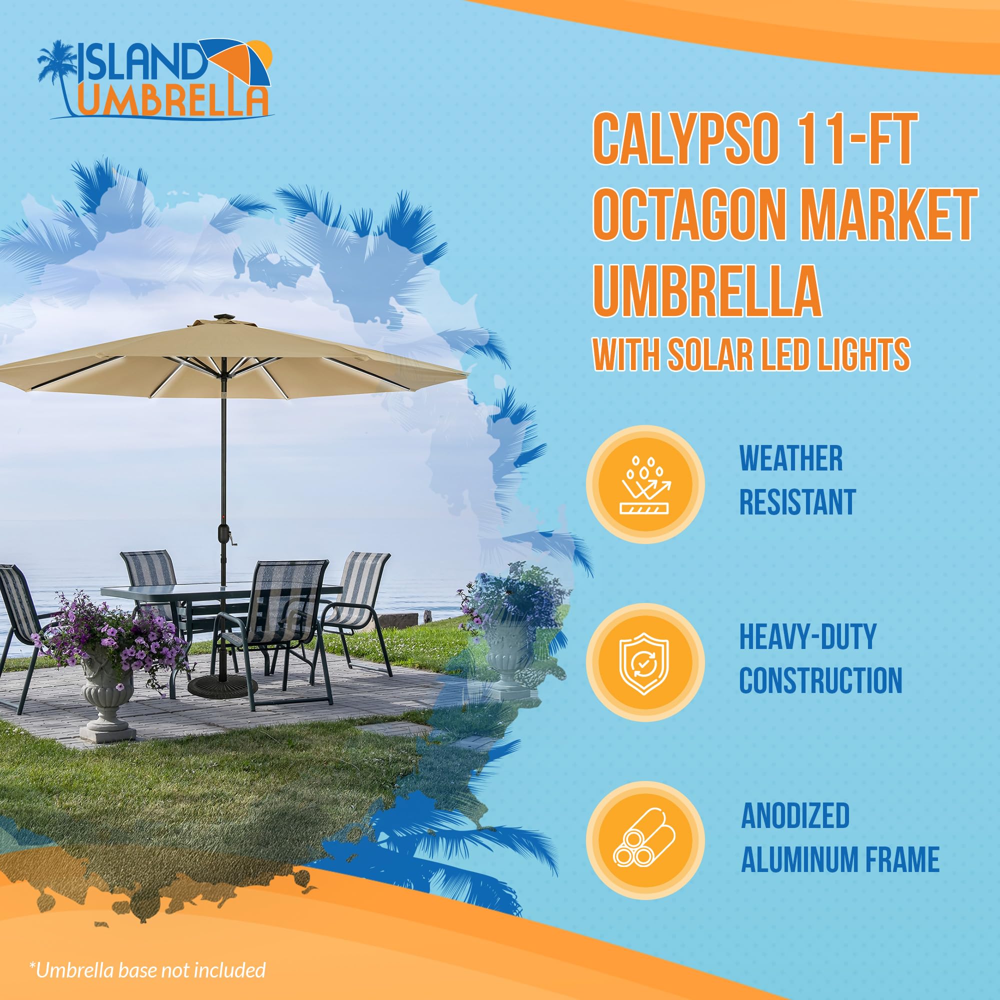 Island Umbrella Calypso 11 ft Octagon Patio Umbrella – With Crank Lift, Push-Button Tilt, Rust-Resistant Aluminum Pole, 8-Rib Frame, Solar LED Lights & Breez-Tex Weather-Resistant Canopy – Champagne : Patio
